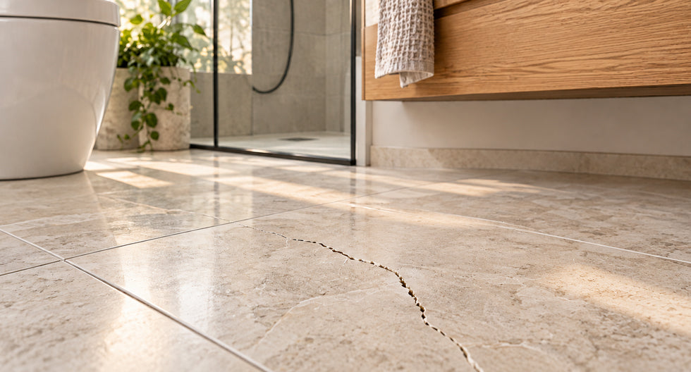 A photo of a cracked floor tile in a modern bathroom.