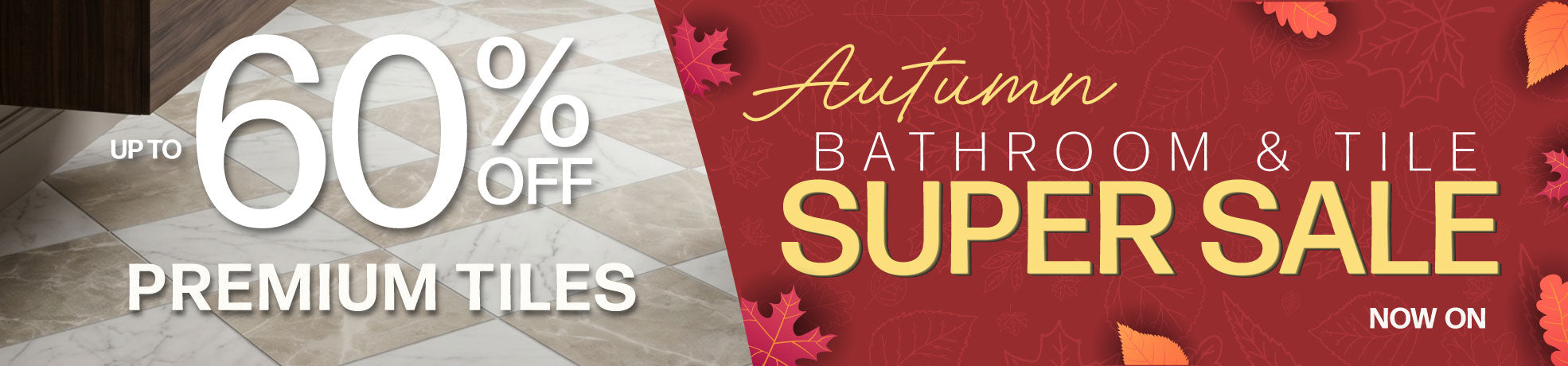 Promotional banner for an autumn bathroom and tile sale, featuring a green subway tiles on the wall and green patterned tiles on the floor.