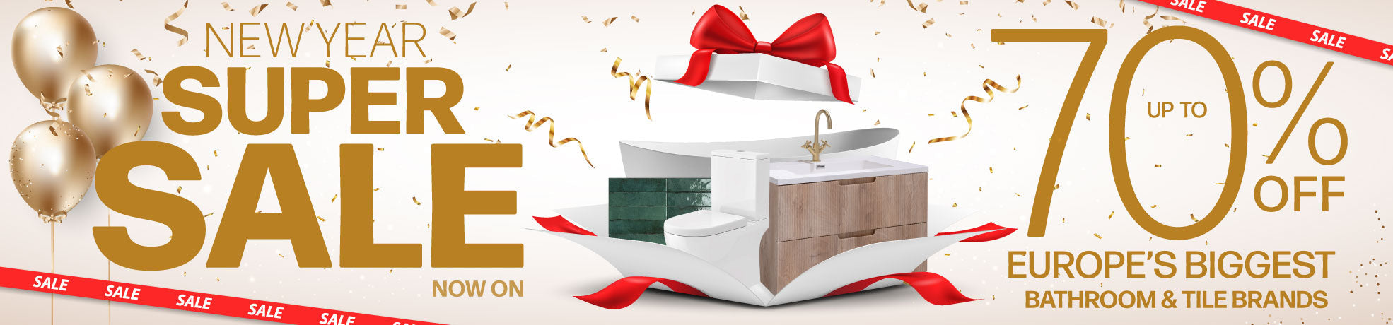 bathroom and tile new year sale at deluxe bathrooms banner