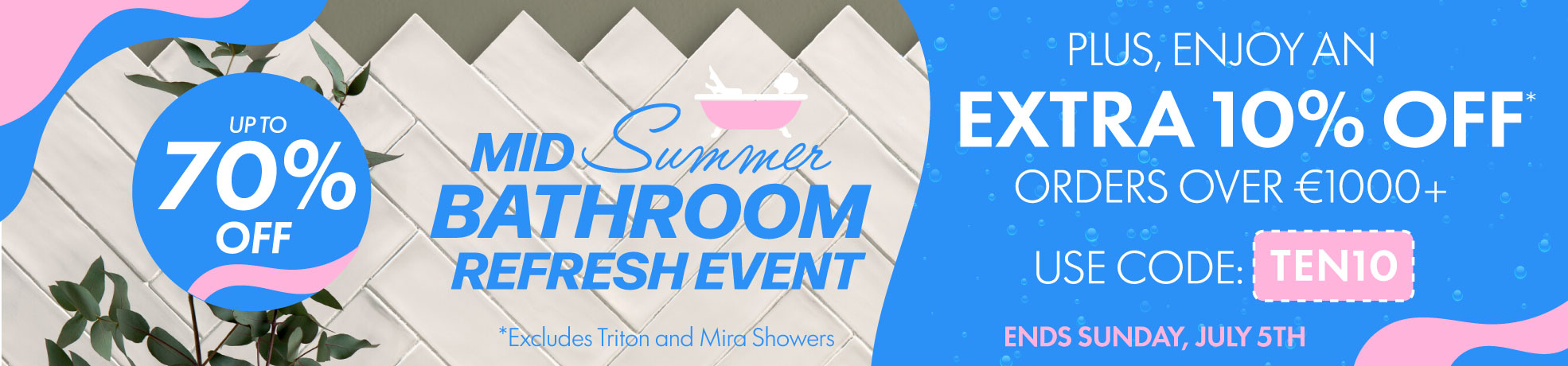 promotional banner with Save up to 70% OFF Tiles + Extra 10% OFF Orders Over €1000
