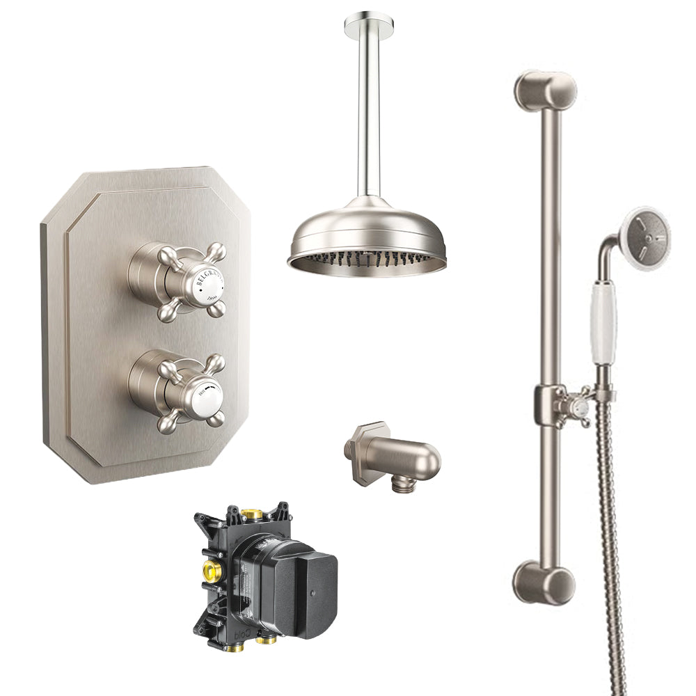 Belgravia shower set bundle with ceiling mounted showerhead and slide rail mounted handset in brushed nickel finish, supplied by Deluxe Bathrooms.