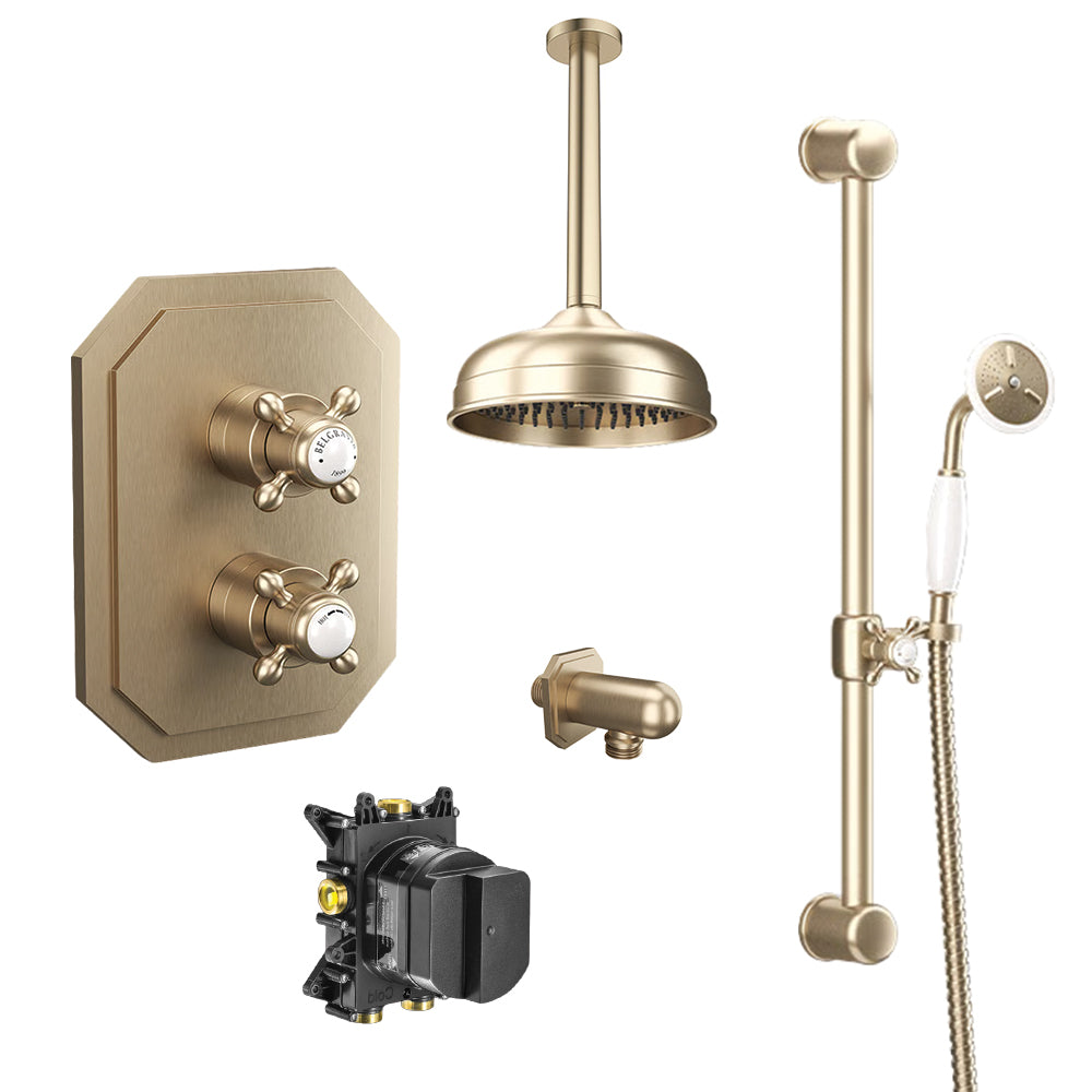 Belgravia shower set bundle with ceiling mounted showerhead and slide rail mounted handset in brushed brass finish, supplied by Deluxe Bathrooms.