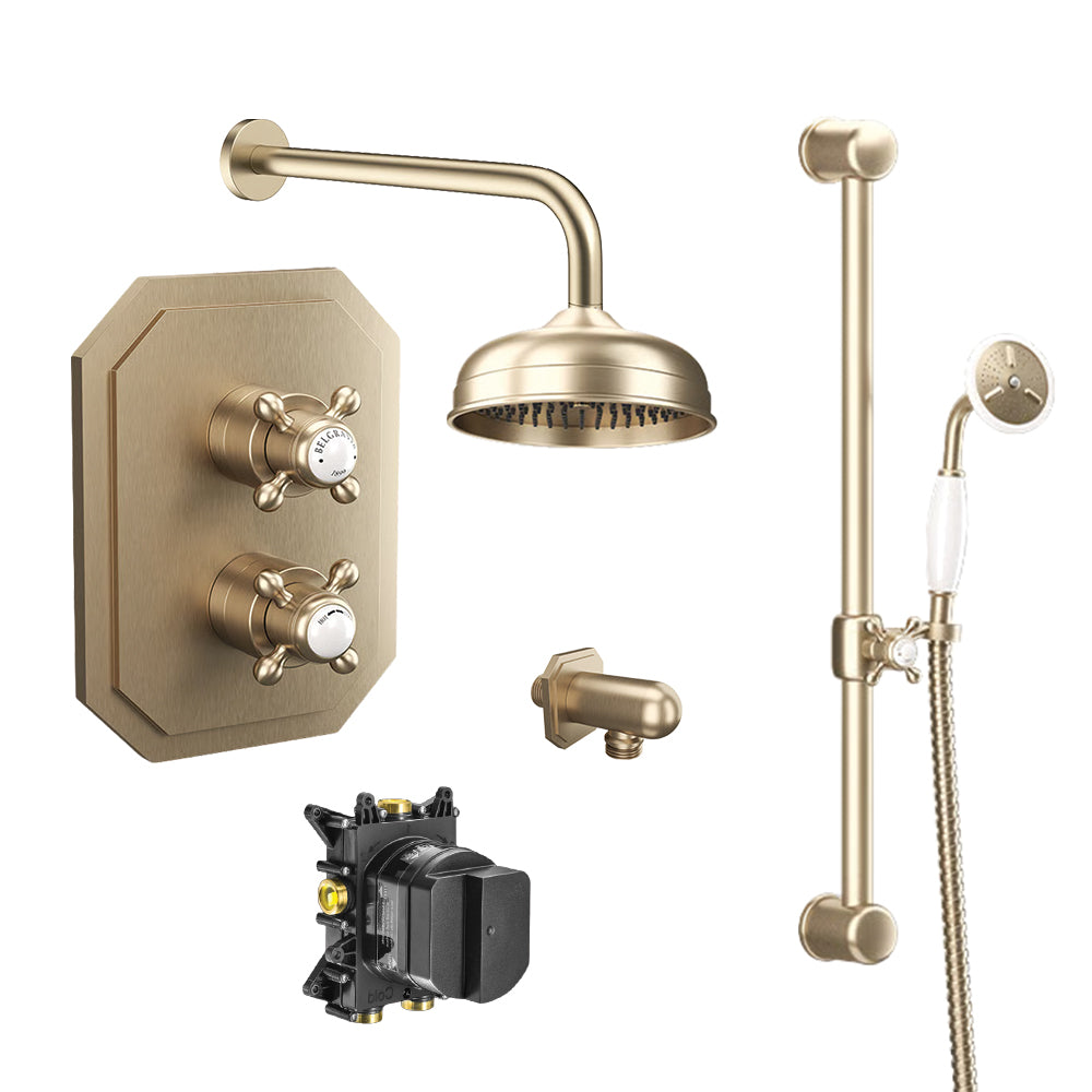 Belgravia shower set bundle with wall mounted showerhead and slide rail mounted handset in brushed brass finish, supplied by Deluxe Bathrooms.