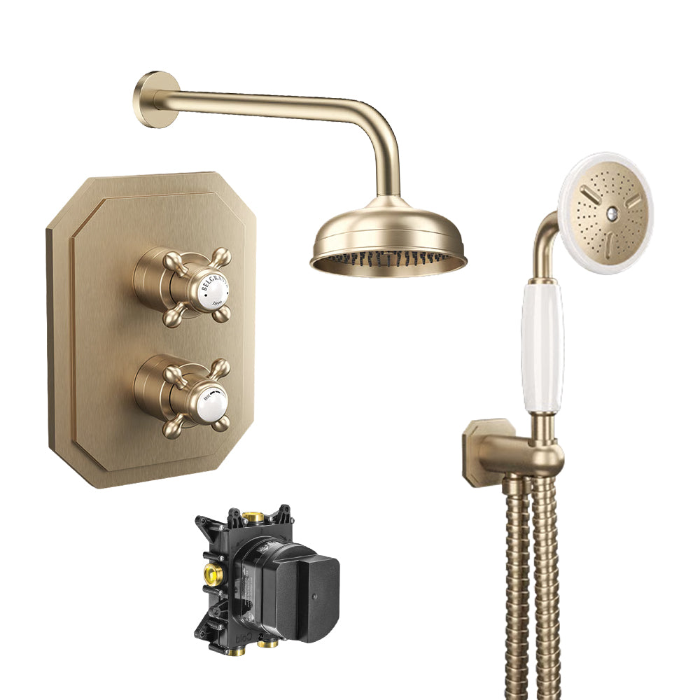 Belgravia shower set bundle with ceiling mounted showerhead and wall outlet mounted handset in brushed brass finish, supplied by Deluxe Bathrooms.