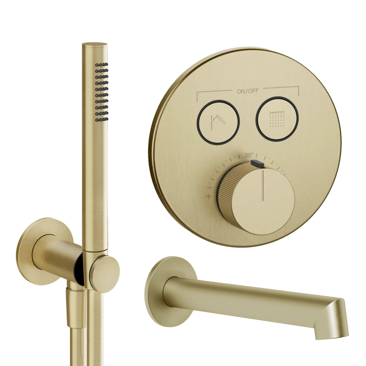 2 outlet thermostatic shower valve and pencil handset with bath spout brushed brass