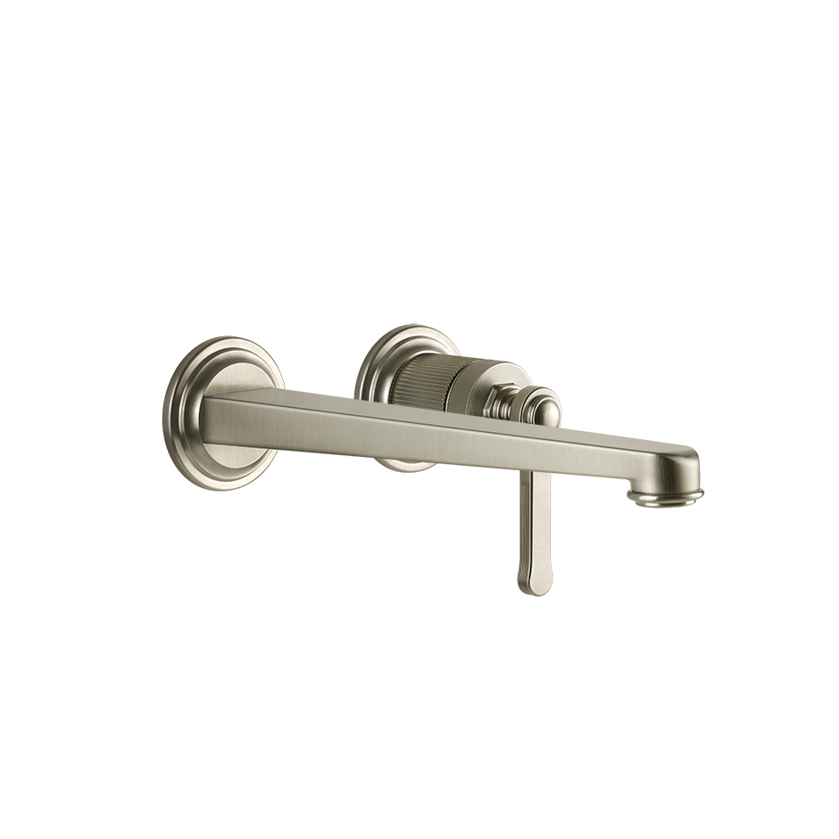 Gessi Venti20 Wall Mounted 2-Hole Long Spout Basin Mixer in finox brushed nickel finish, supplied by Deluxe Bathrooms.