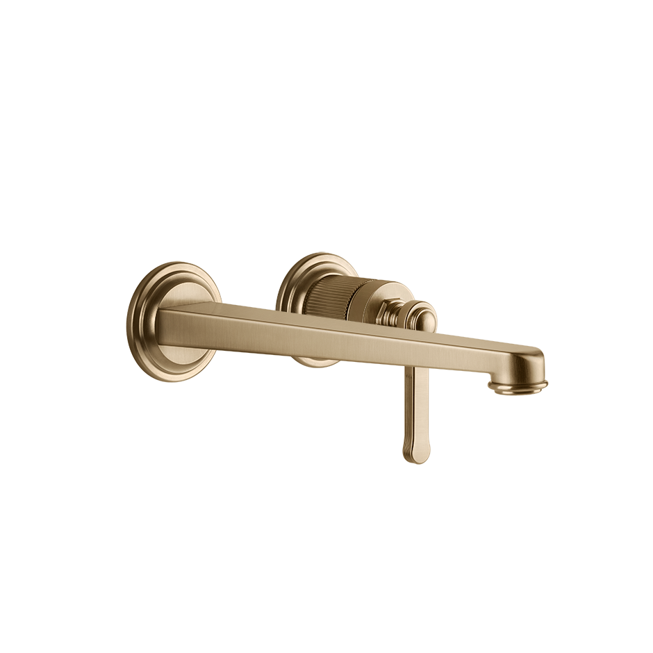 Gessi Venti20 Wall Mounted 2-Hole Long Spout Basin Mixer in warm bronze brushed finish, supplied by Deluxe Bathrooms.