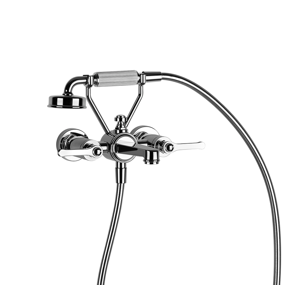 Gessi Venti20 wall-mounted shower in the chrome finish, with a flexible hose, adjustable shower head, and 2 lever handles.
