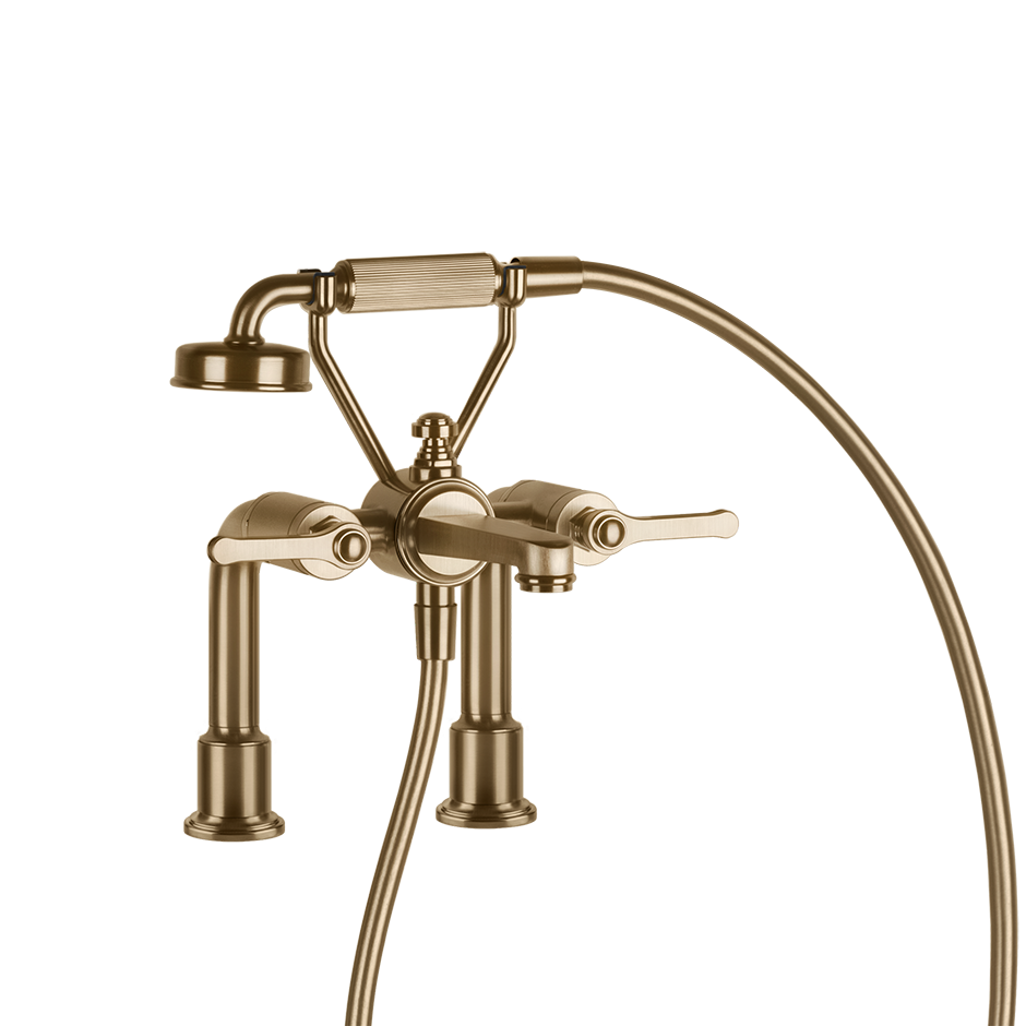 Gessi Venti20 Deck Mounted 2-Hole Bath-Shower Mixer in warm bronze brushed finish, supplied by Deluxe Bathrooms.