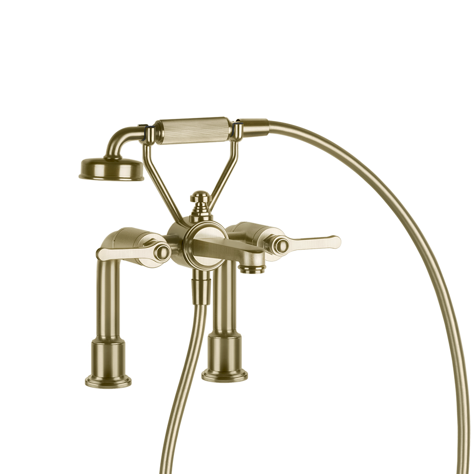 Gessi Venti20 Deck Mounted 2-Hole Bath-Shower Mixer in brass brushed, supplied by Deluxe Bathrooms.