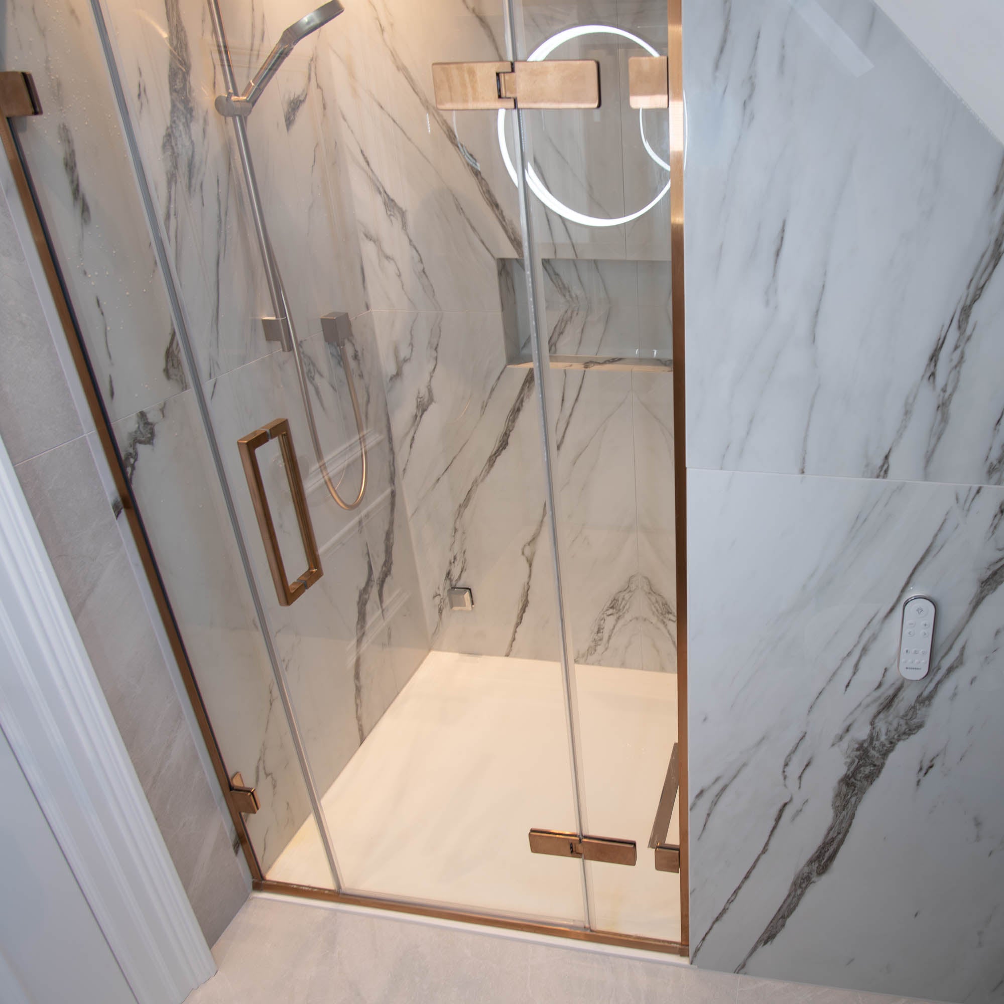 Aureo Ten Hinge Shower Door with 2 Inline Panels In Recess - Brushed Bronze