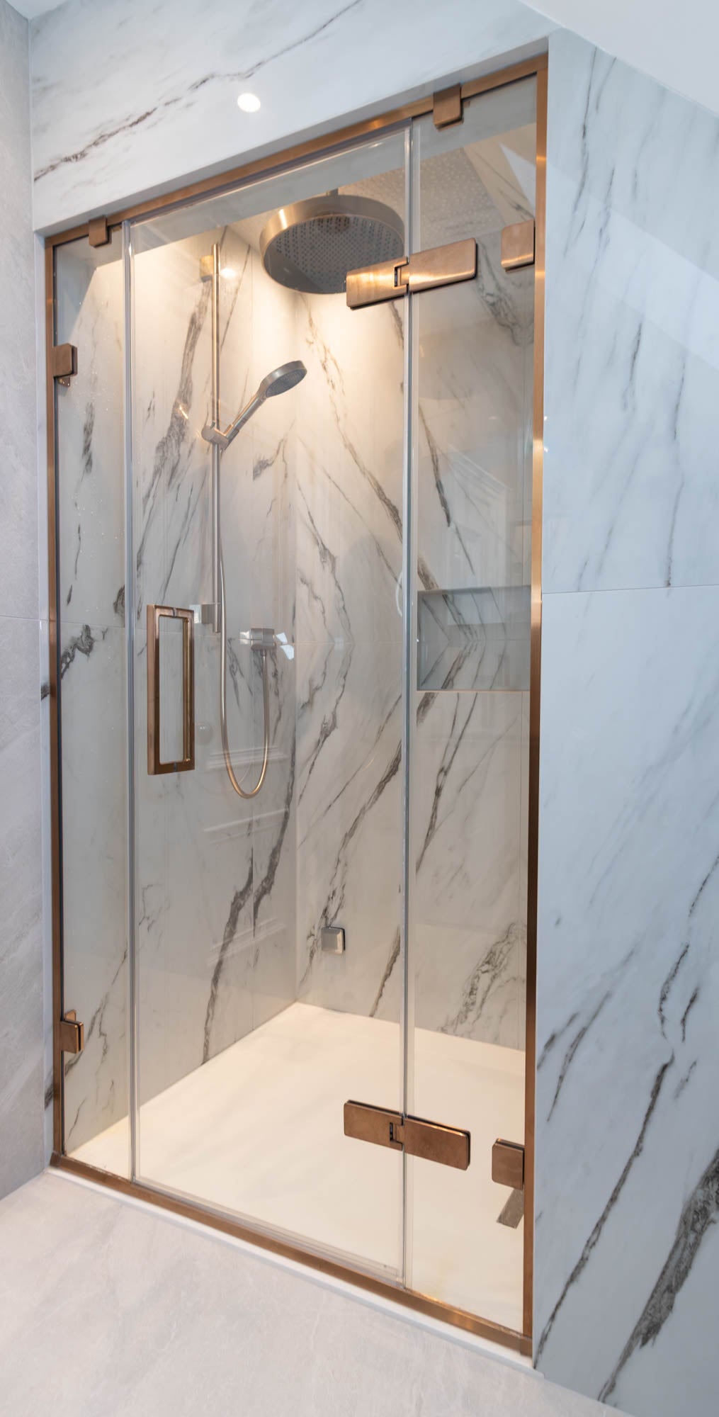 Aureo Ten Hinge Shower Door with 2 Inline Panels In Recess - Brushed Bronze