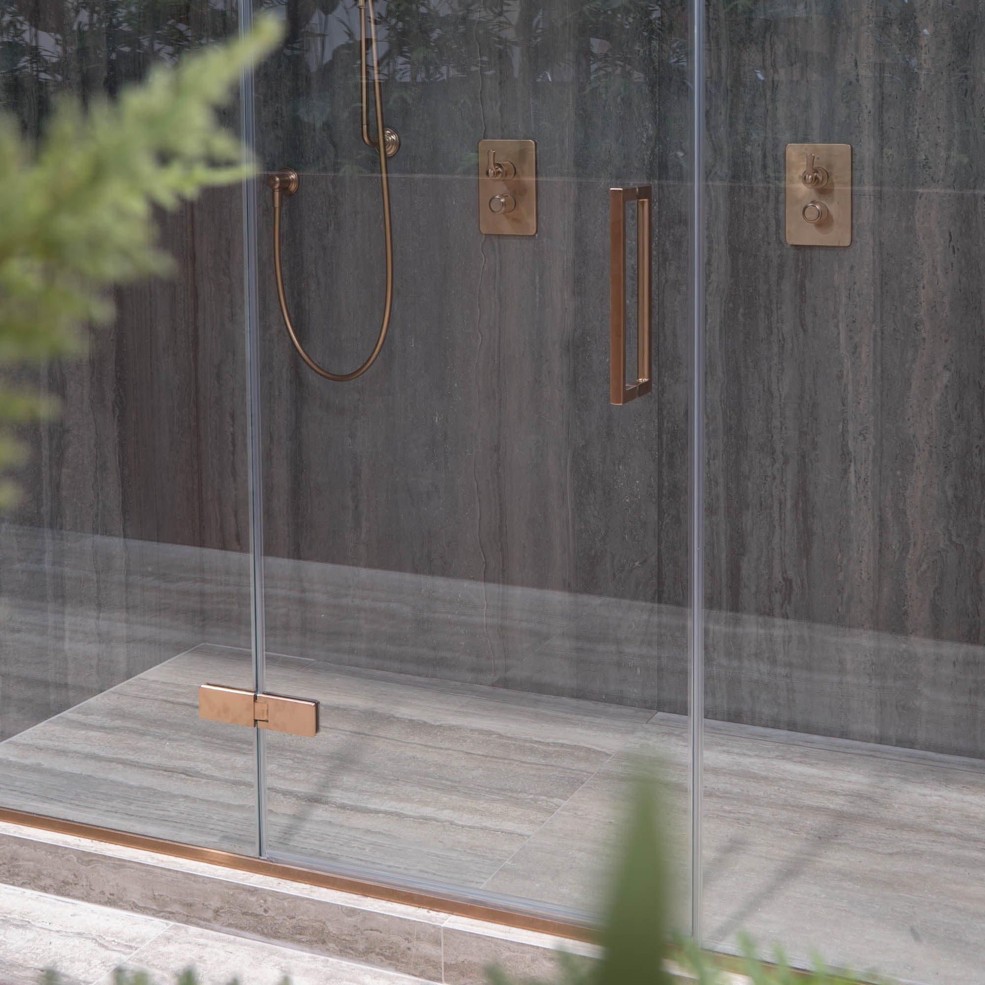 Aureo Ten Hinge Shower Door with 2 Inline Panels In Recess - Brushed Bronze