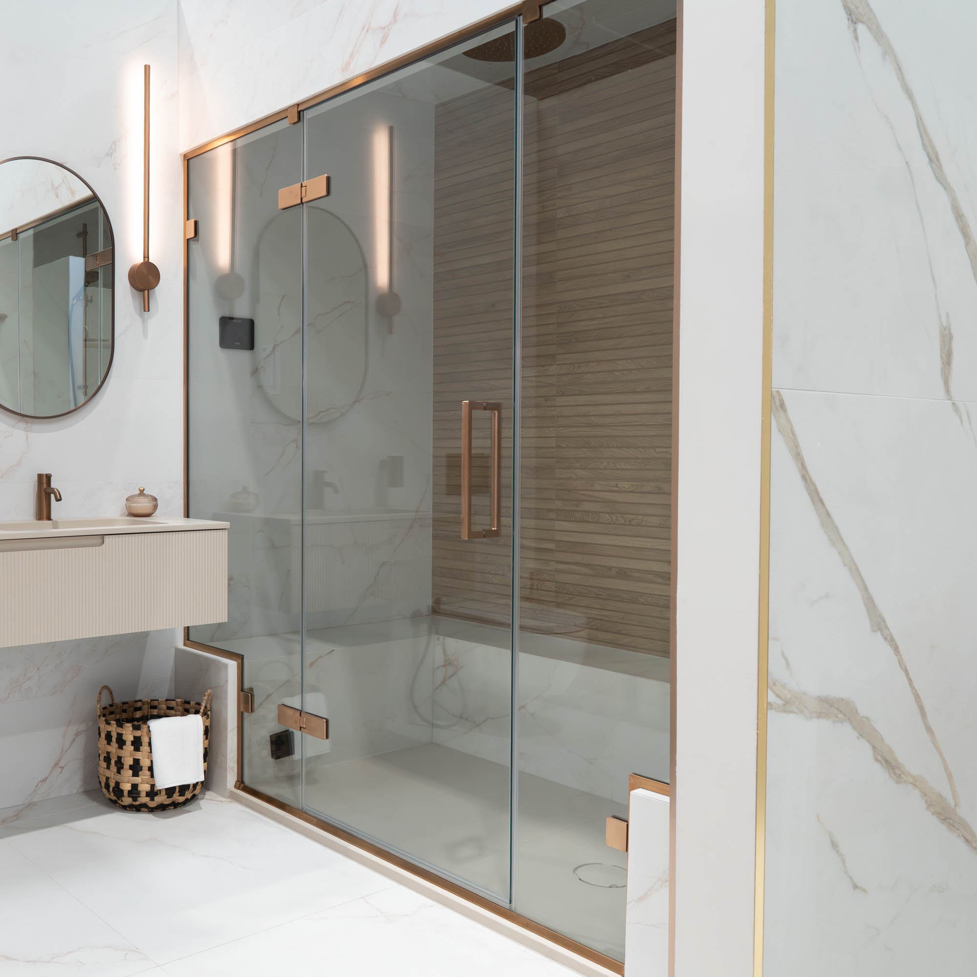 Aureo Ten Hinge Shower Door with 2 Inline Panels In Recess - Brushed Bronze