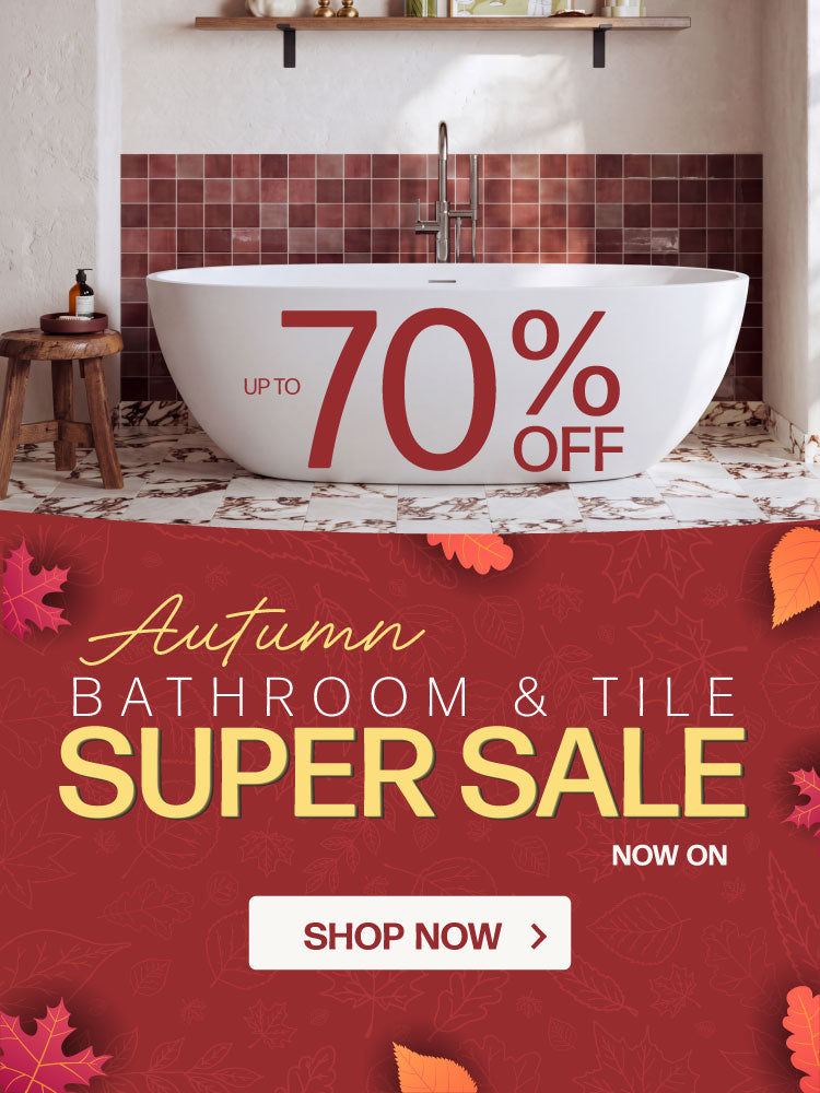 Promotional banner for an autumn bathroom and tile sale, featuring a freestanding white bathtub in a bathroom setting with a large 'UP TO 70% OFF' text overlay, and a red lower section with 'Autumn Bathroom & Tile Super Sale' and a 'SHOP NOW' button.