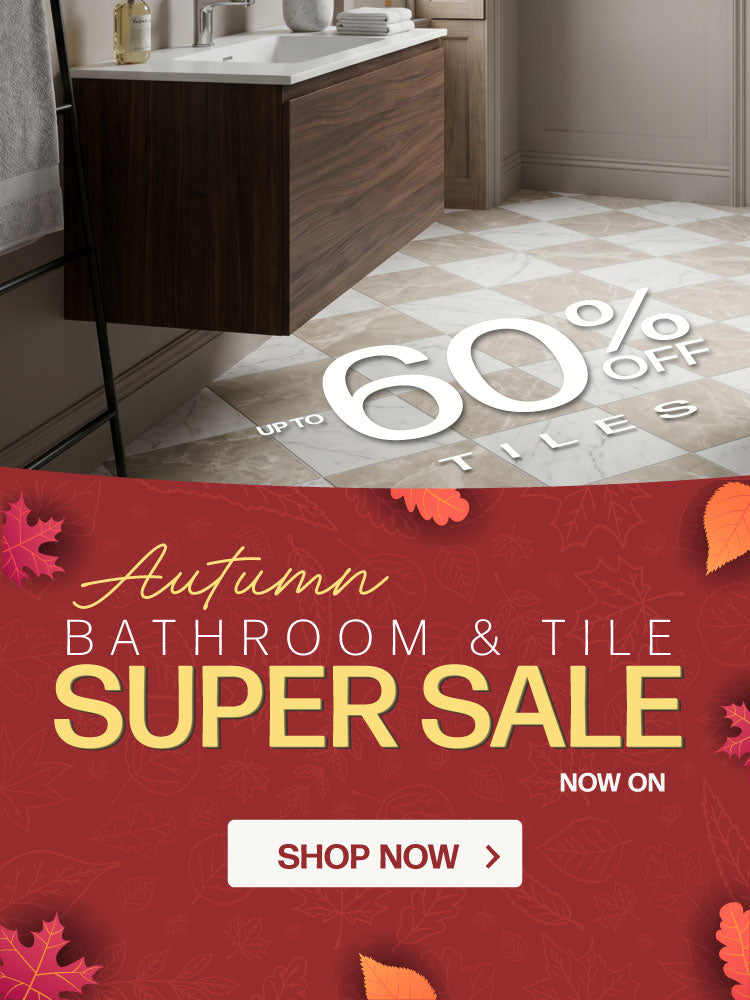 Promotional advertisement for an autumn bathroom and tile sale, featuring a bathroom scene with a floating dark wood vanity and large text reading '60% OFF TILES,' plus a red banner with 'Autumn Bathroom & Tile Super Sale' and a 'Shop Now' button.