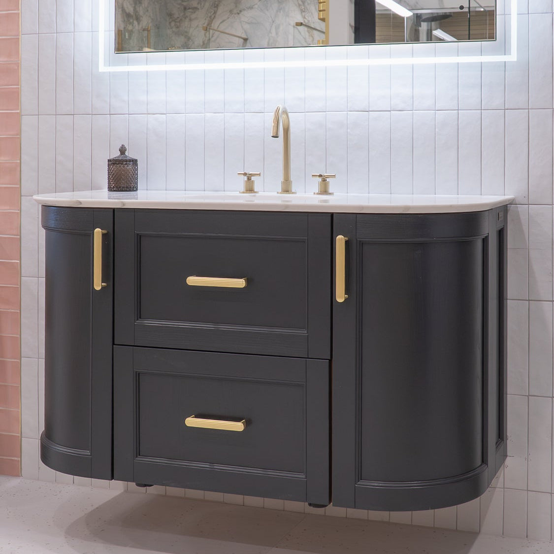 Ex-Display Utopia Roseberry 1395 Wall Mounted Vanity Unit With White Worktop and Basin - London Grey
