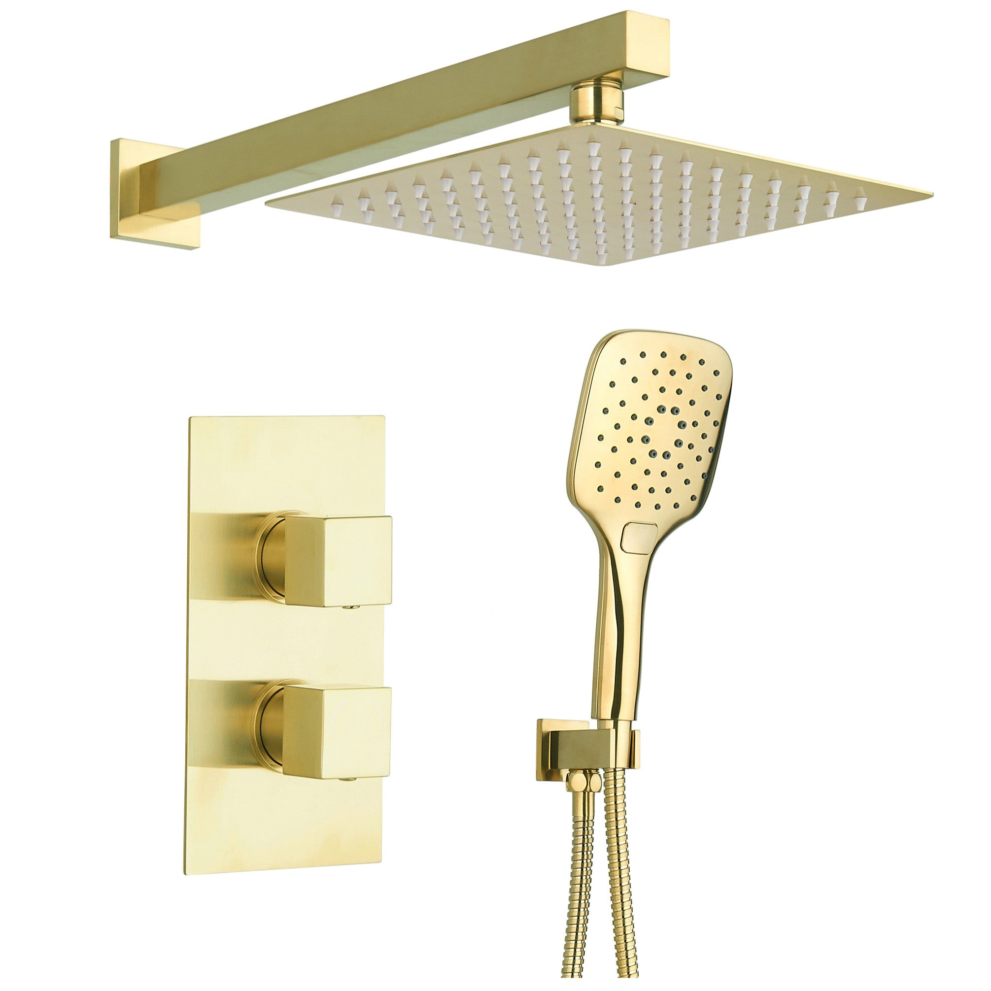 Deluxe Square Concealed 2 Outlet Thermostatic Shower Kit - Brushed Brass