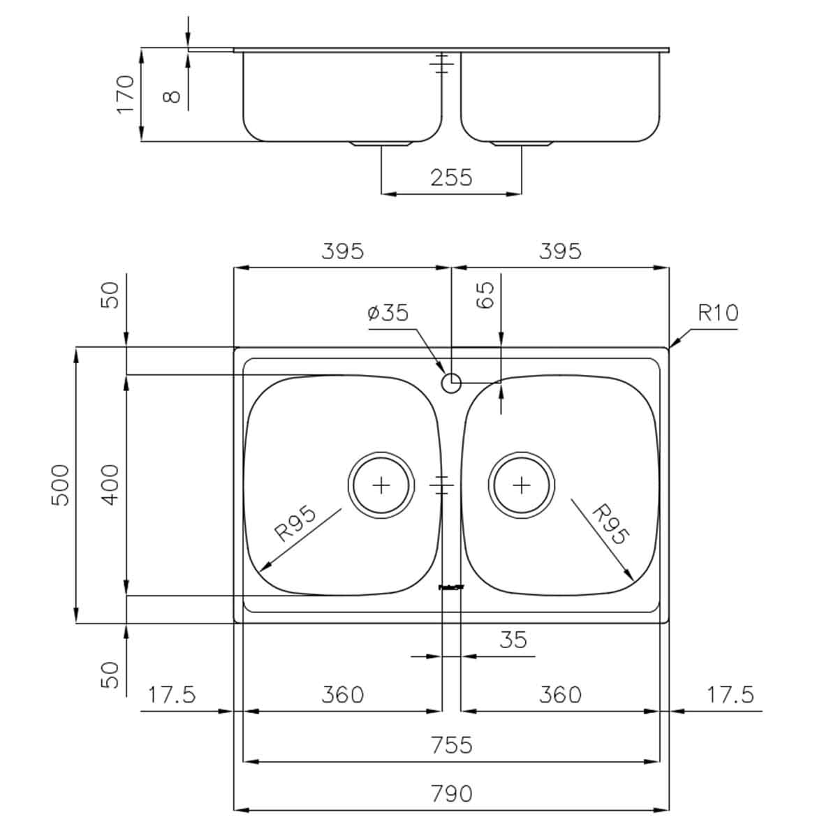 Foster S1000 Double Bowl Kitchen Sink 790x500mm Dimensions