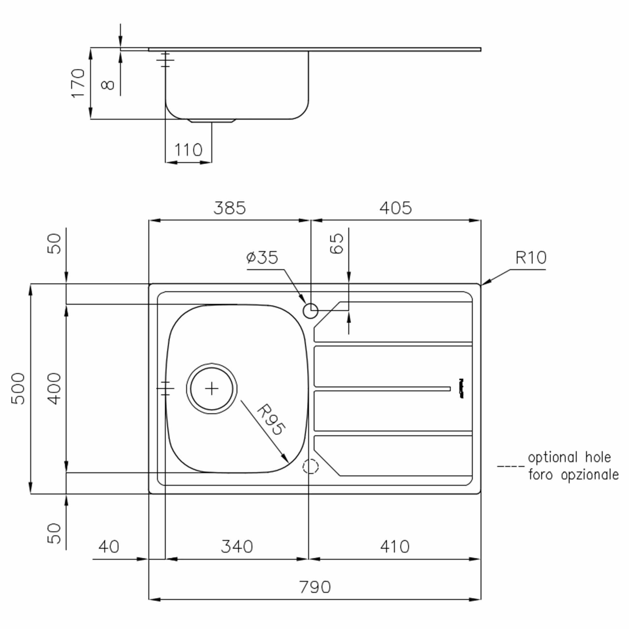 Foster S1000 Kitchen Sink with Draining Board Right Handed 790x500mm Dimensions