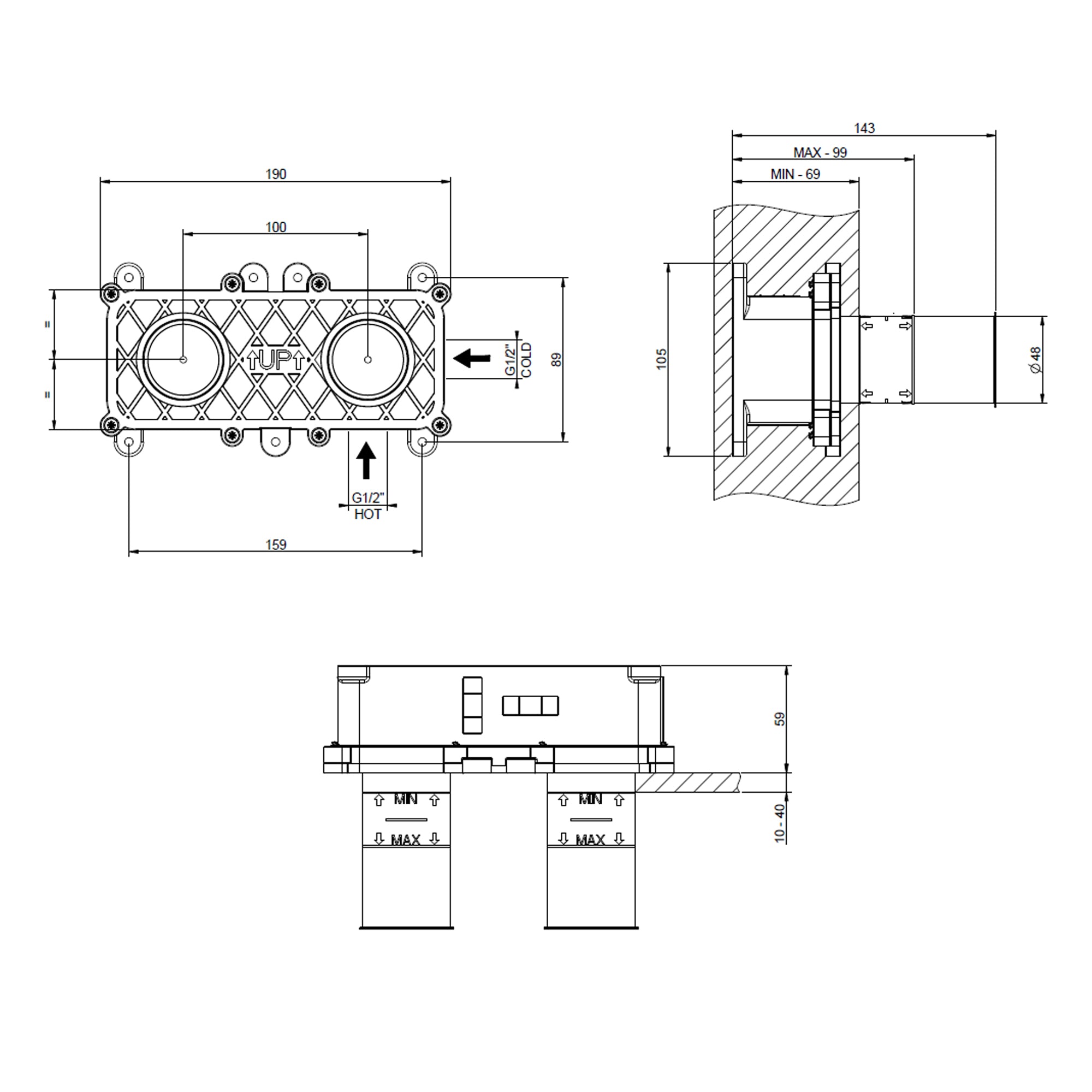 Technical drawing diagram of the 1st Fix concealed connection part for Gessi Venti20 Wall Mounted Basin mixer, supplied by Deluxe Bathrooms.