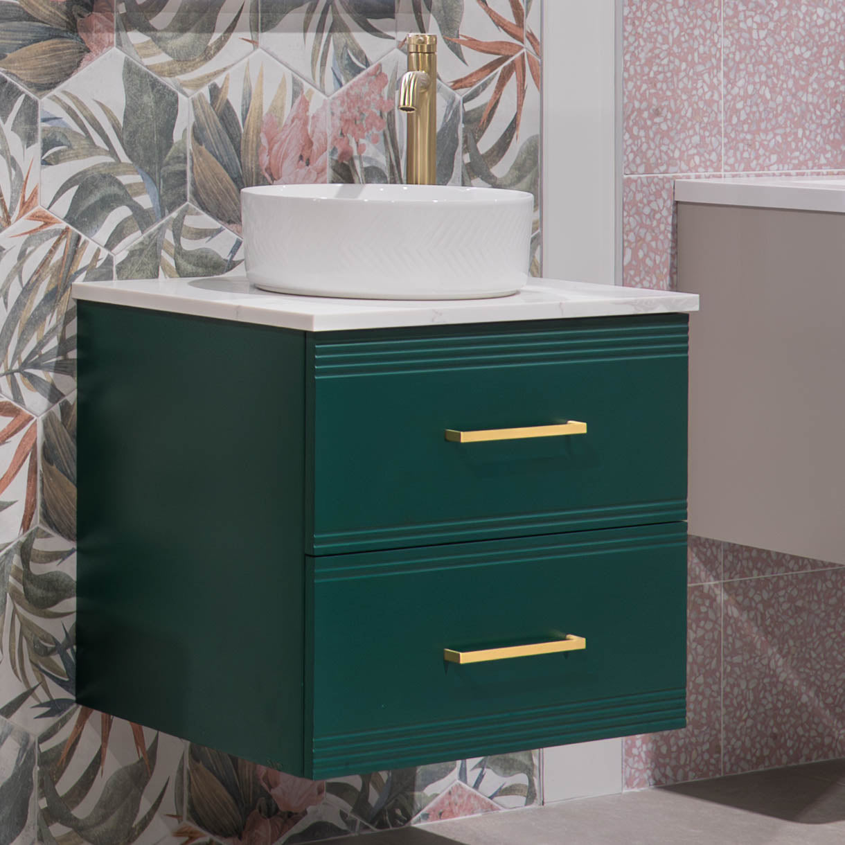 Granlusso™ Galleria Wall Mounted 2-Drawer Vanity Unit With Carrara Marble Effect Worktop - Deep Emerald