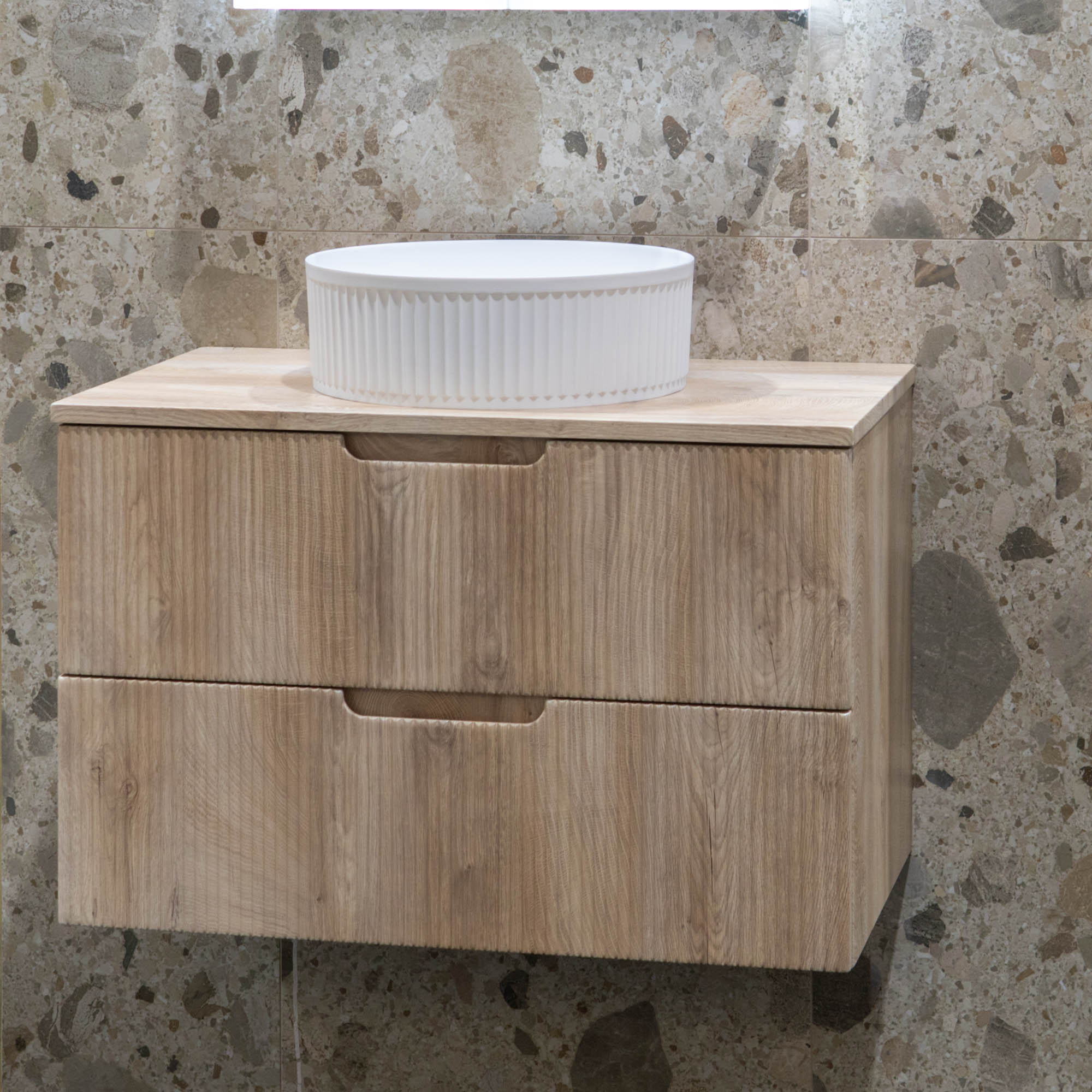 Granlusso™ Opus Oak Fluted Wall Mounted Vanity Unit With Oak Worktop