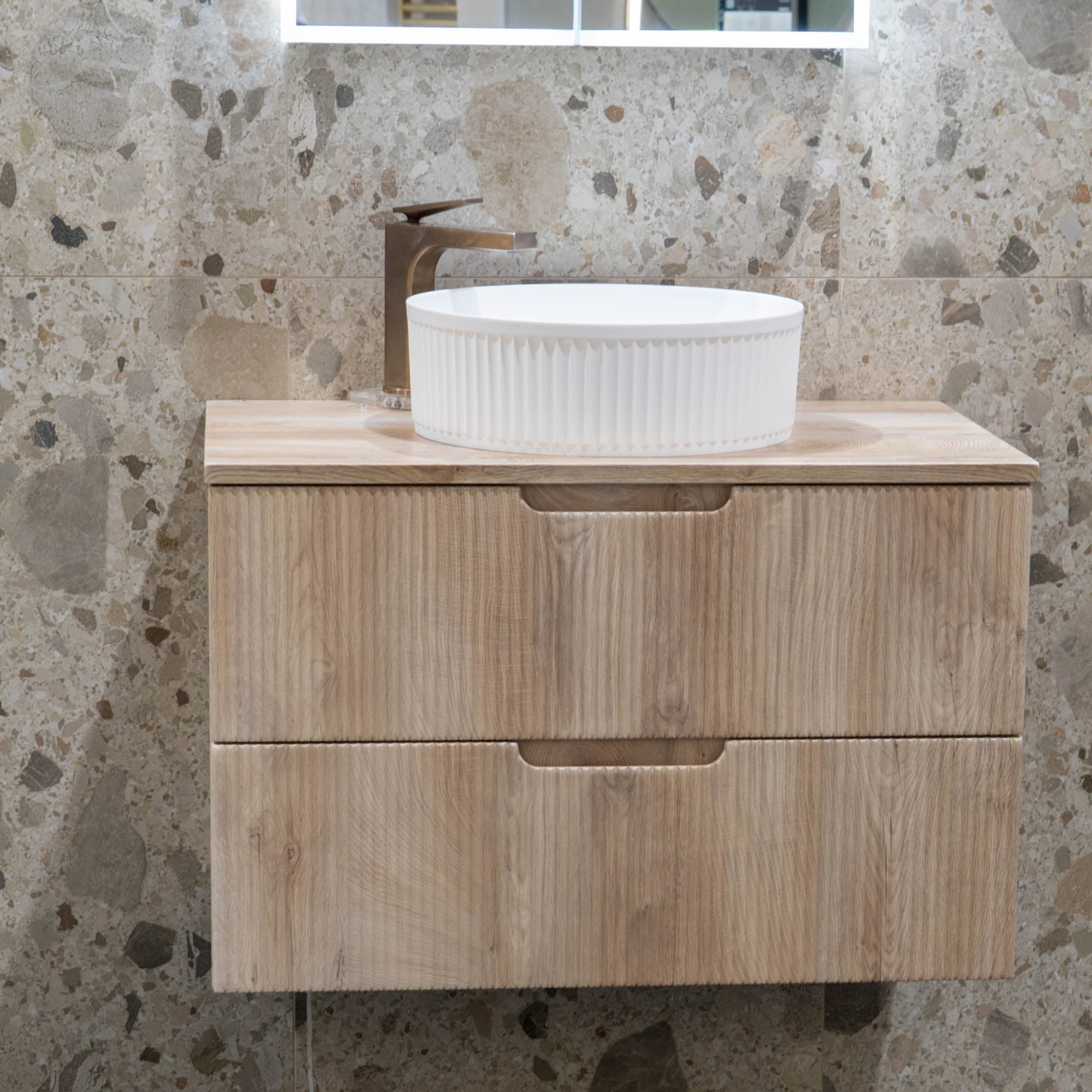 Granlusso™ Opus Oak Fluted Wall Mounted Vanity Unit With Oak Worktop