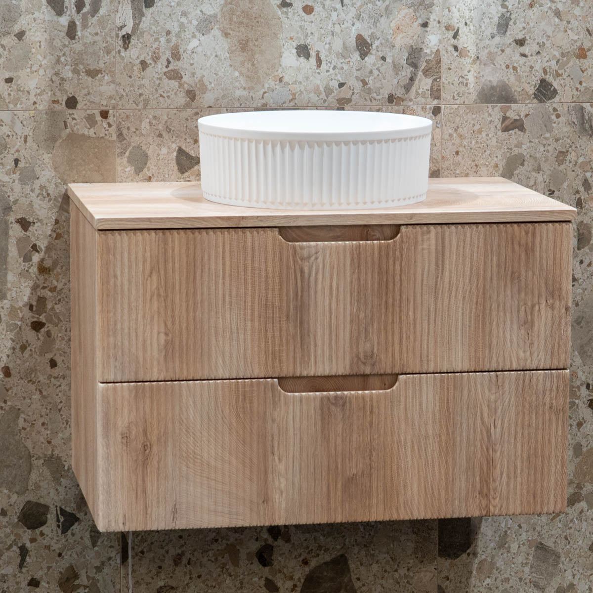 Granlusso™ Opus Oak Fluted Wall Mounted Vanity Unit With Oak Worktop
