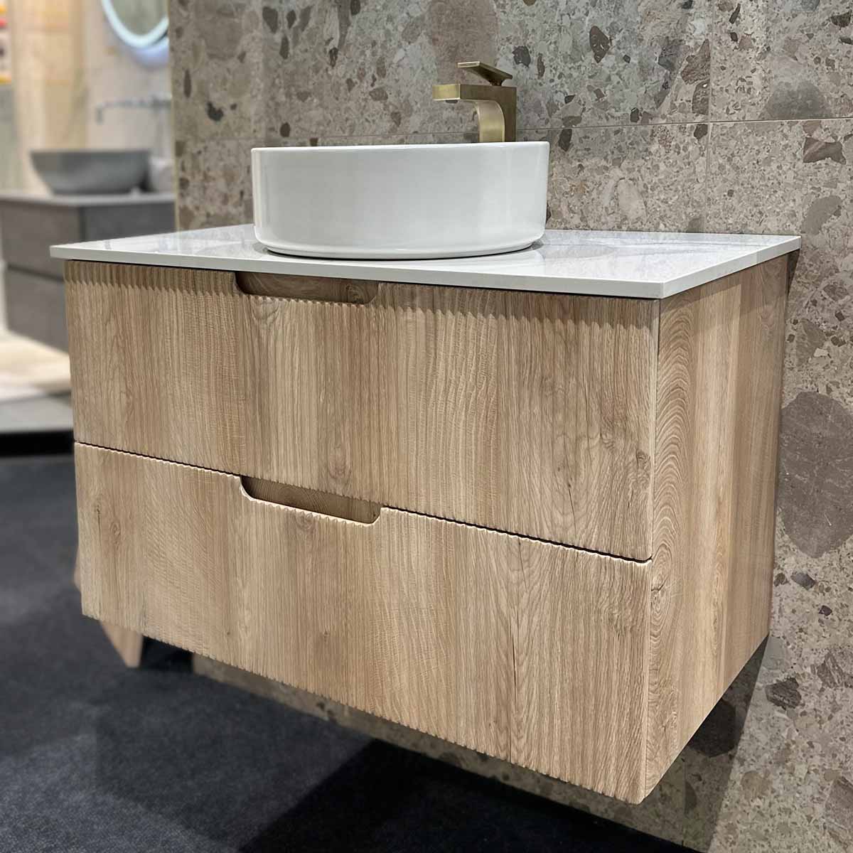 Granlusso Opus Oak Fluted Wall Mounted Vanity Unit With Marble Effect Worktop