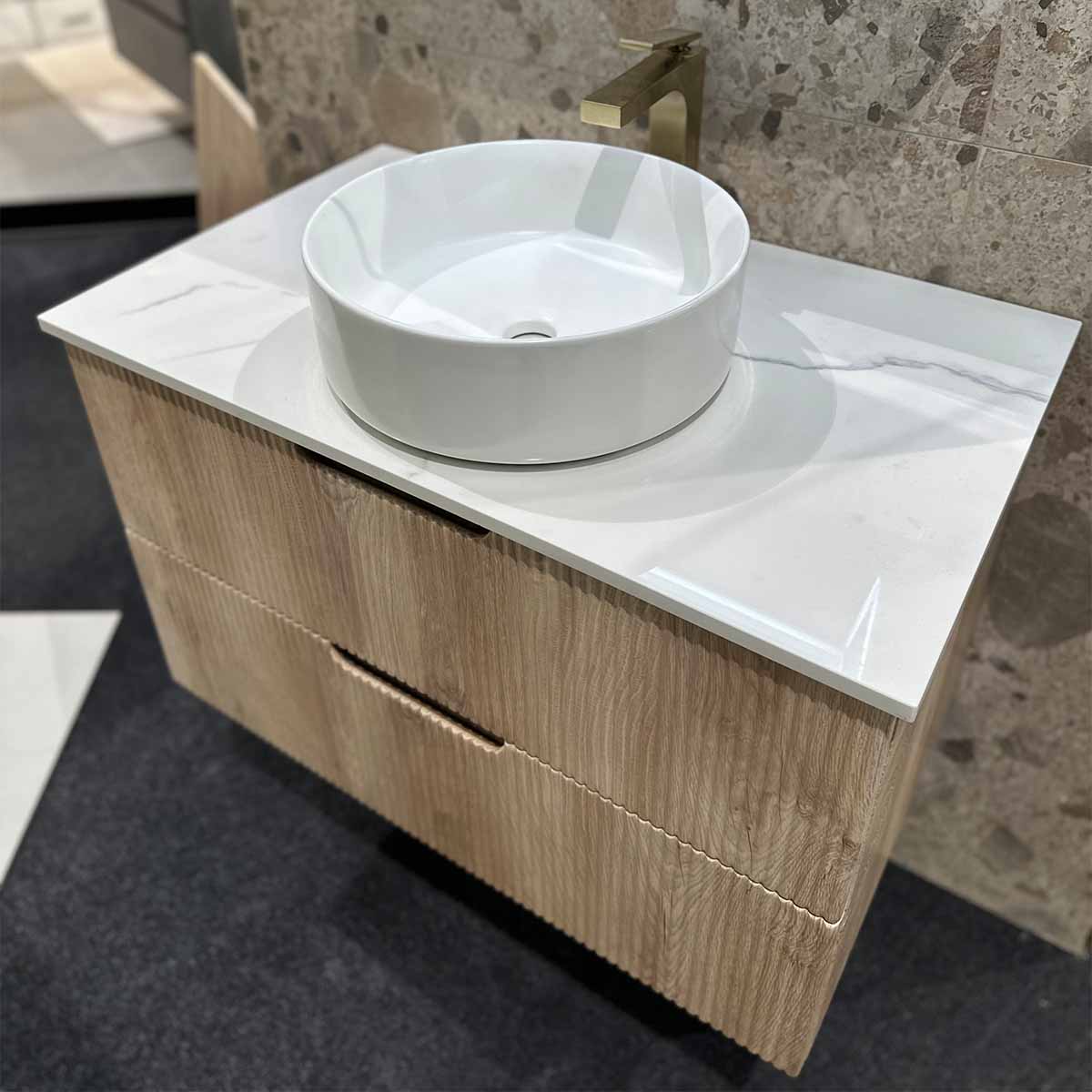 Granlusso Opus Oak Fluted Wall Mounted Vanity Unit With Marble Effect Worktop