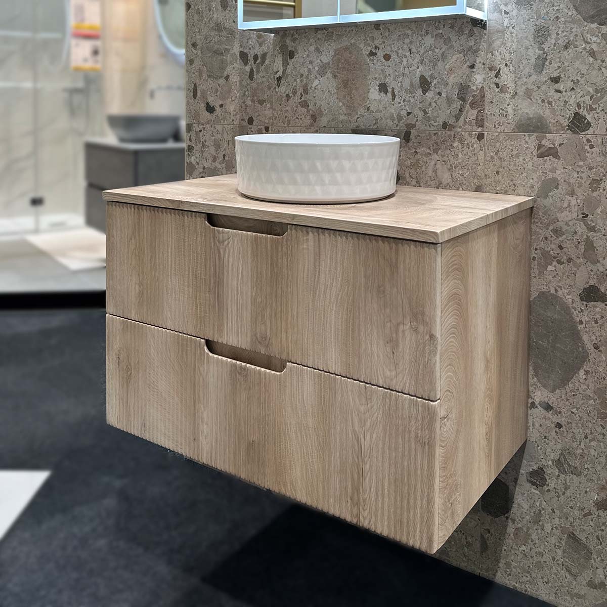 Granlusso Opus Oak Fluted Wall Mounted Vanity Unit With Oak Worktop
