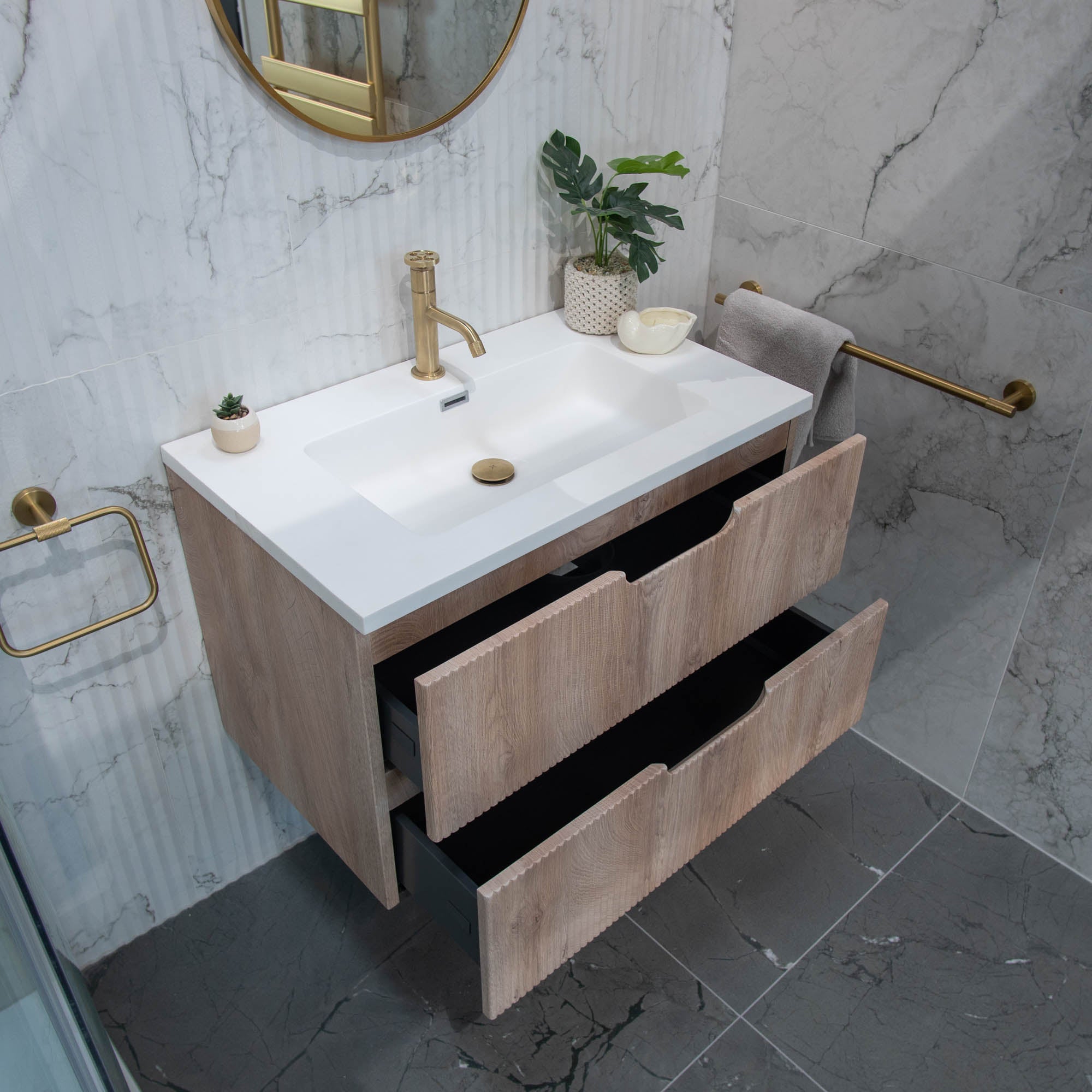 Granlusso Opus Oak Fluted Wall Mounted Vanity Unit With Solid Surface Washbasin