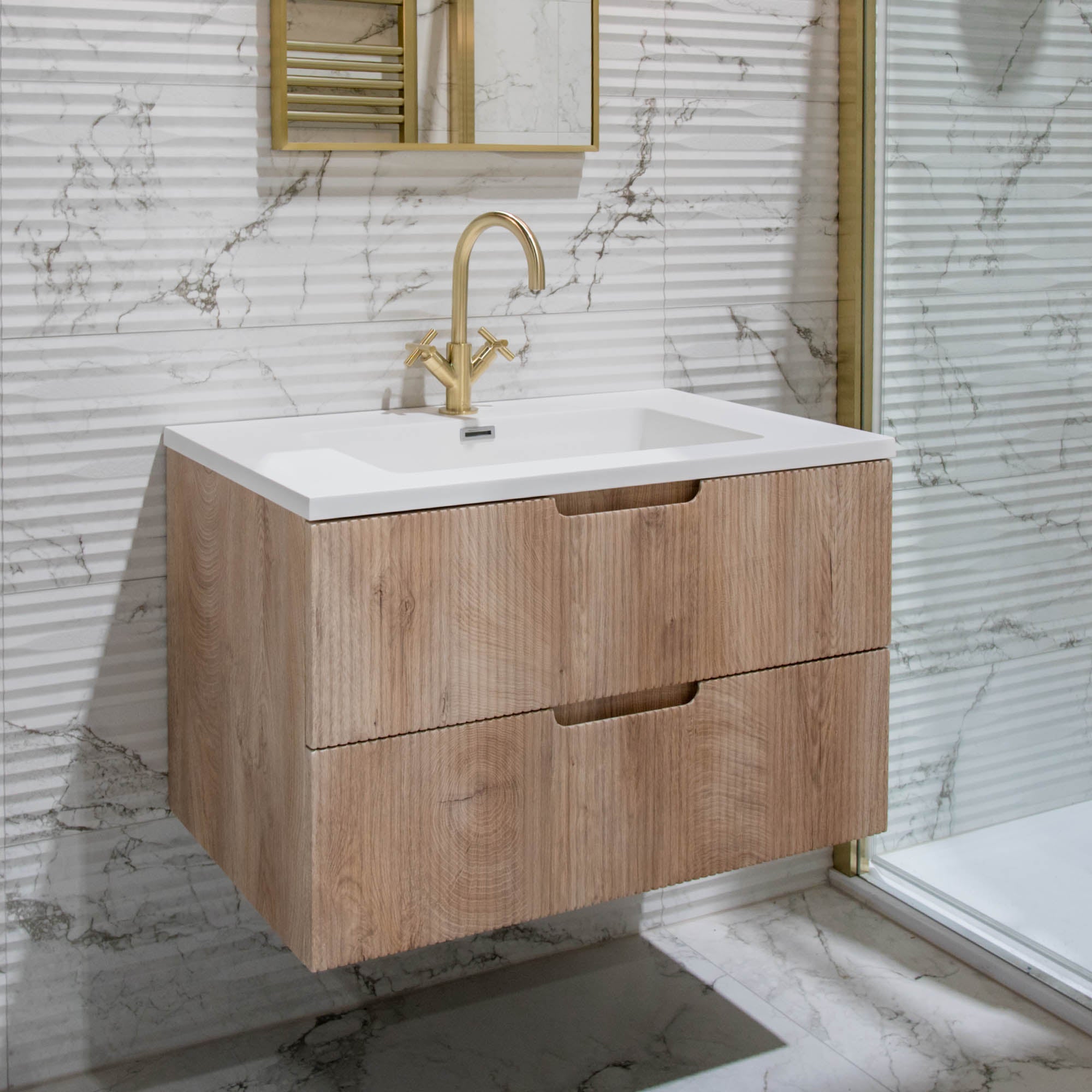 Granlusso™ Opus Oak Fluted Wall Mounted Vanity Unit With Solid Surface Washbasin