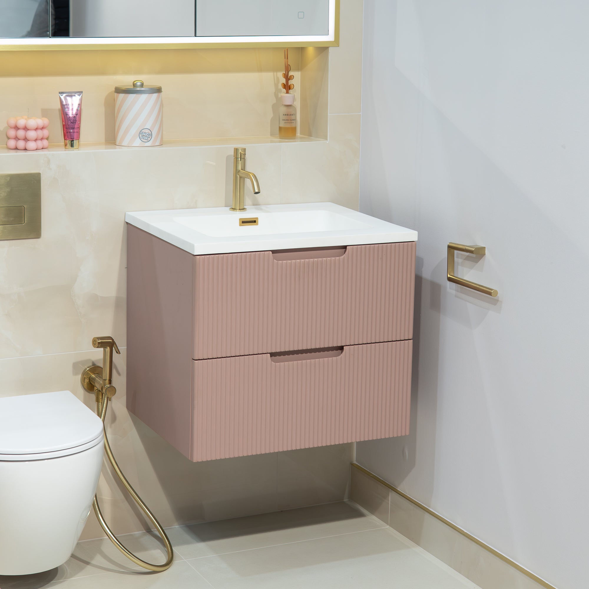 Granlusso™ Opus Pink Fluted Wall Mounted Vanity Unit With Solid Surface Washbasin