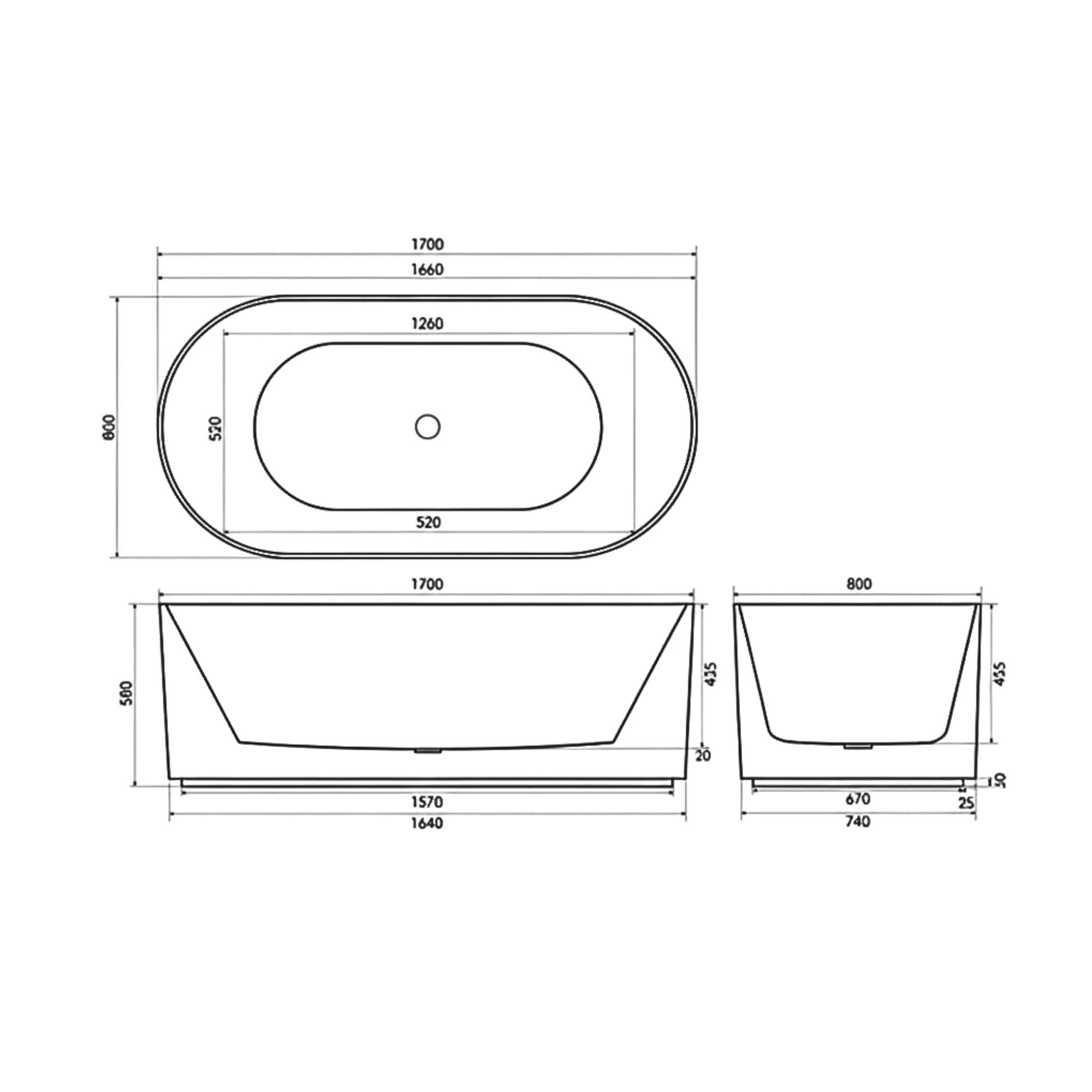 granlusso sant andrea 1700 fluted acrylic freestanding bath diagram