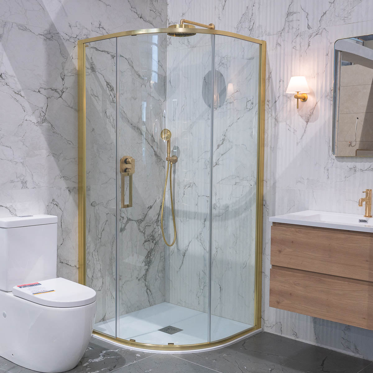 Merlyn 6 Series Sleek Offset Quadrant Sliding Shower Door - Brushed Brass