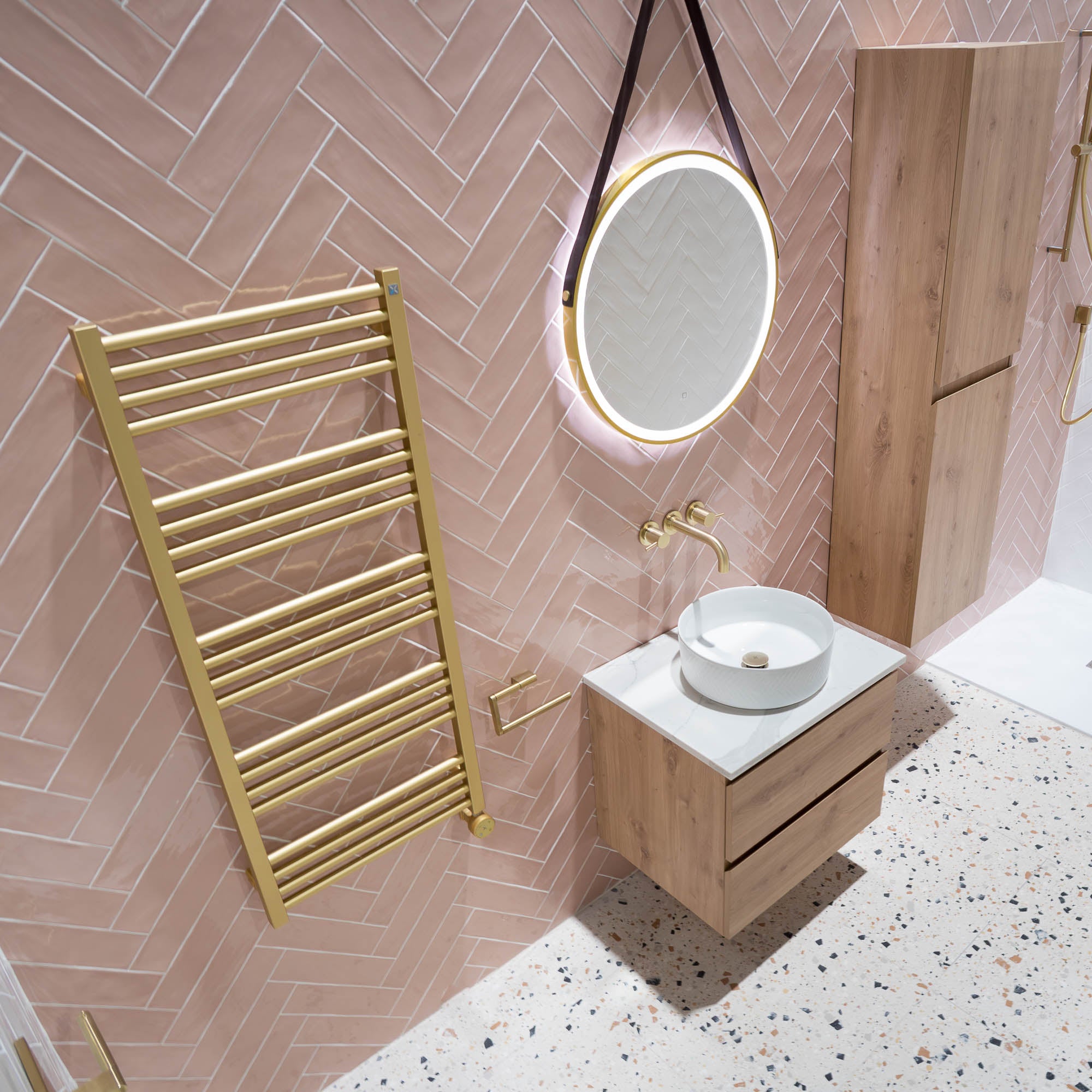 HiB Solstice Round LED Mirror With Brushed Brass Frame and Decorative Strap