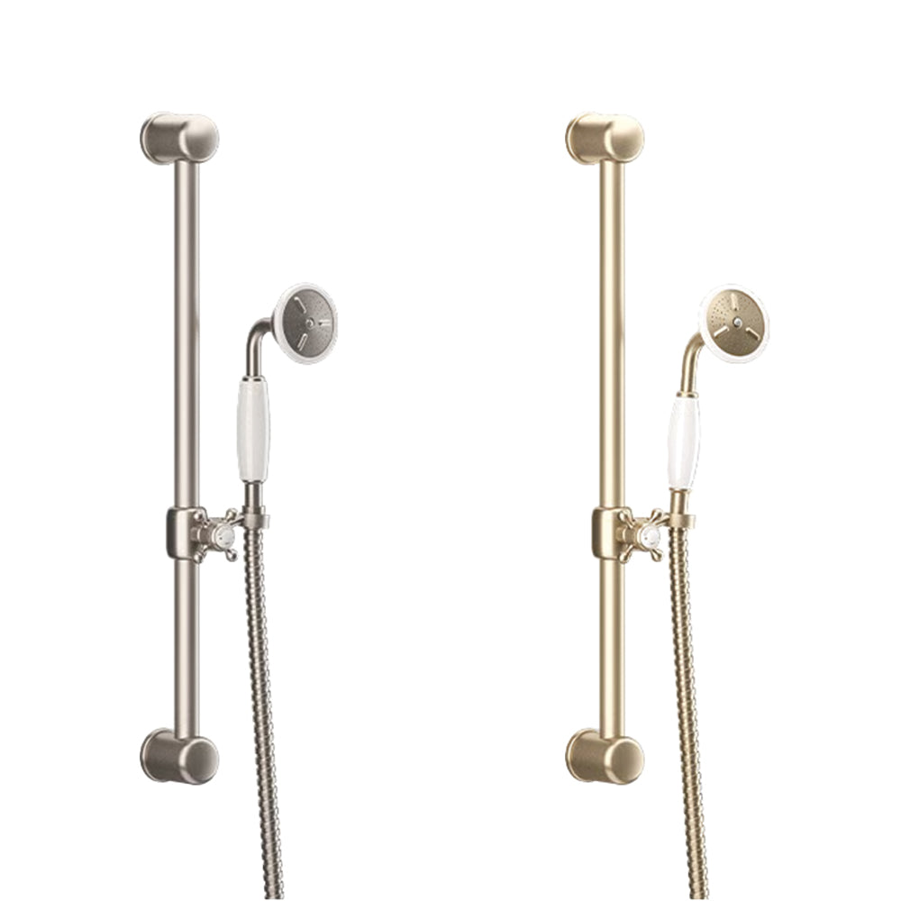 Side by Side Comparison of the Belgravia Shower Slide Rail in Brushed Nickel and Brushed Brass, supplied by Deluxe Bathrooms.