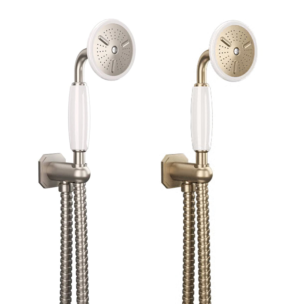Side by Side Comparison of the Wall Outlet Mounted Shower Handset in Brushed Nickel and Brushed Brass, supplied by Deluxe Bathrooms.