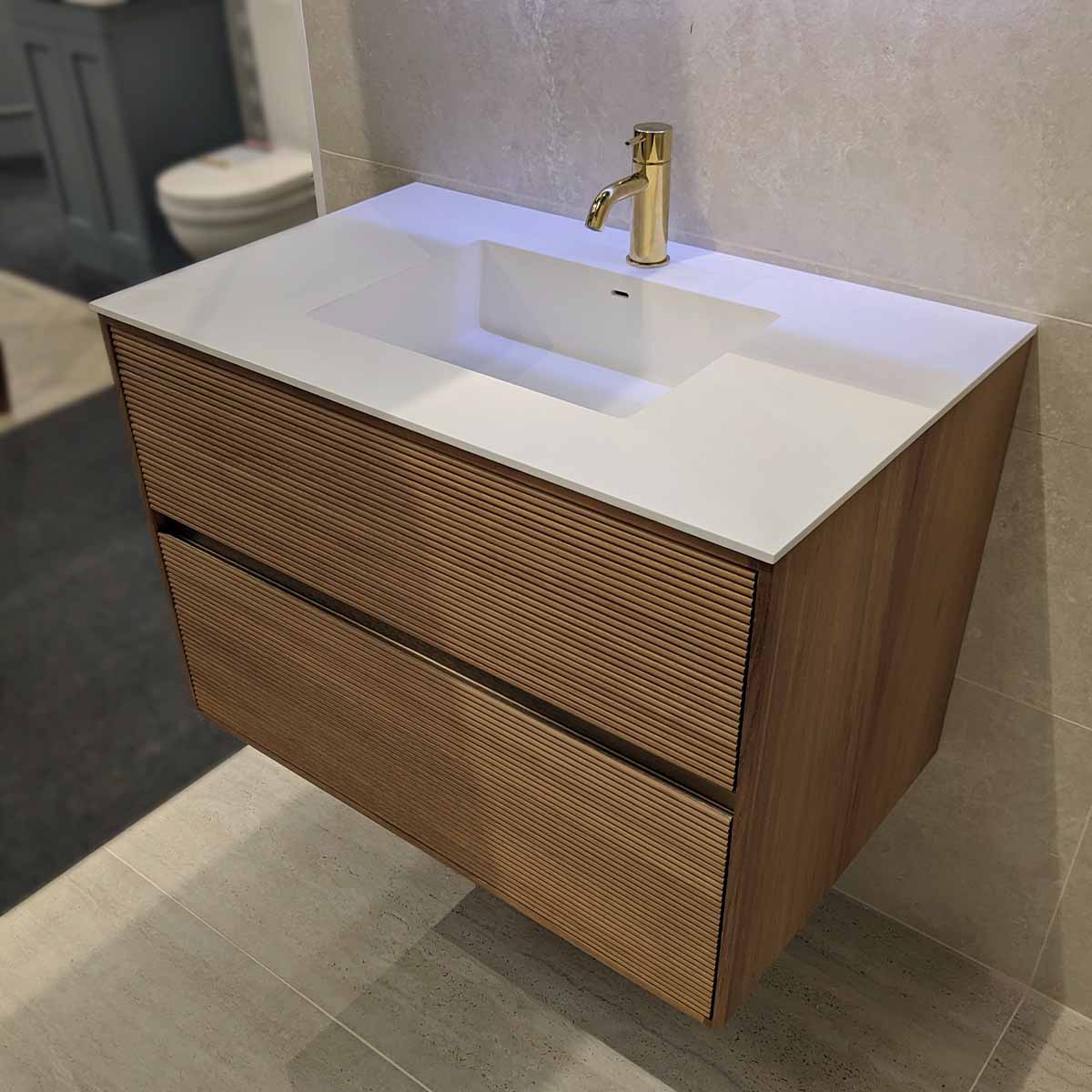 Stockholm Iroko 820 Double Drawer Wall Hung Vanity Unit With Solid Surface Washbasin
