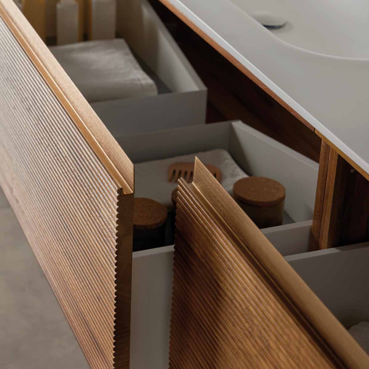 Stockholm Iroko 820 Double Drawer Wall Hung Vanity Unit With Solid Surface Washbasin