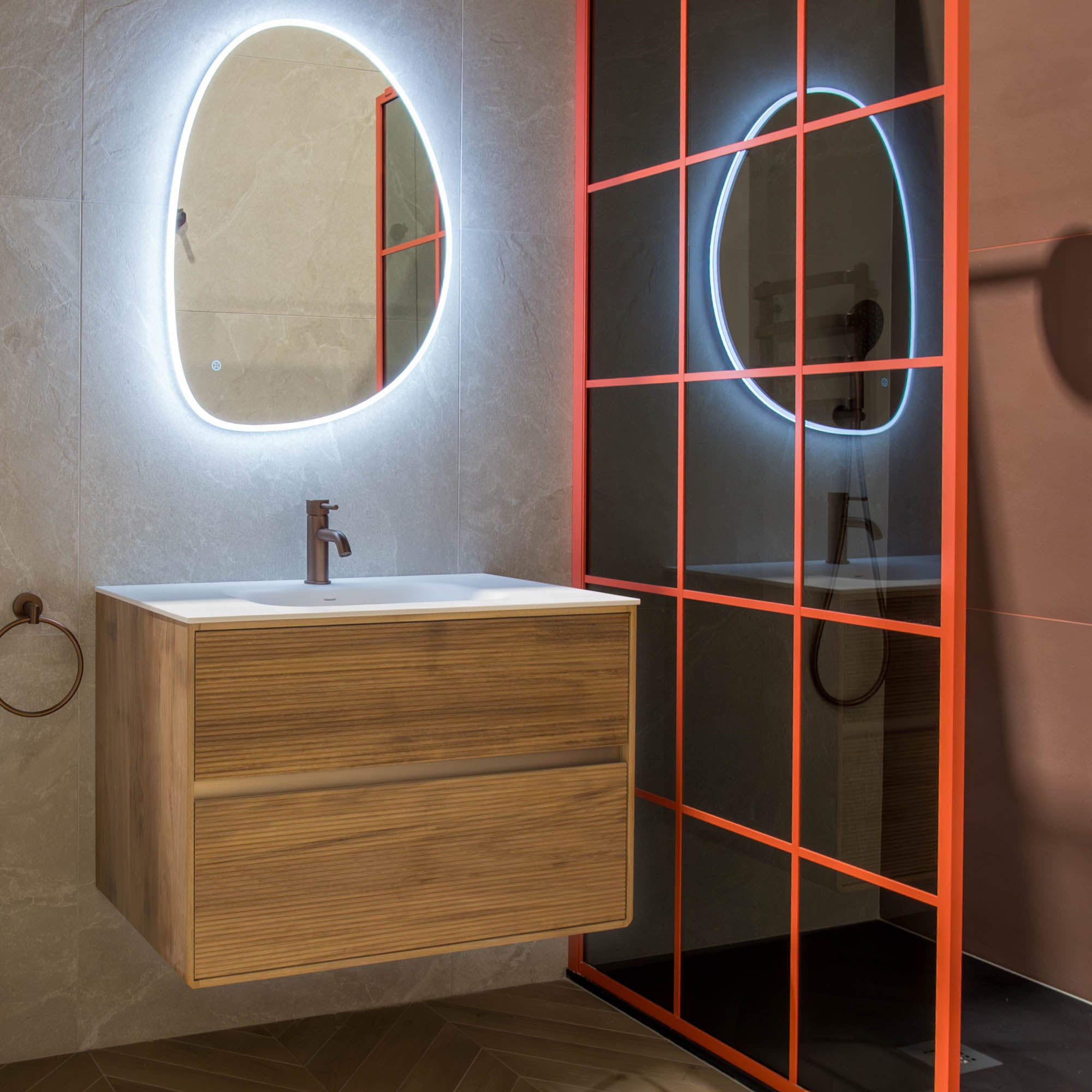 Stockholm Iroko Double Drawer Wall Hung Vanity Unit With Solid Surface Washbasin