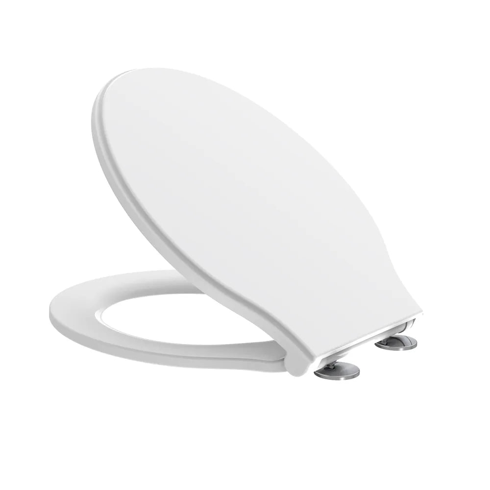 Close-up of the white secure fix seat from the Marston closed-coupled, fully enclosed toilet, supplied by Deluxe Bathrooms.