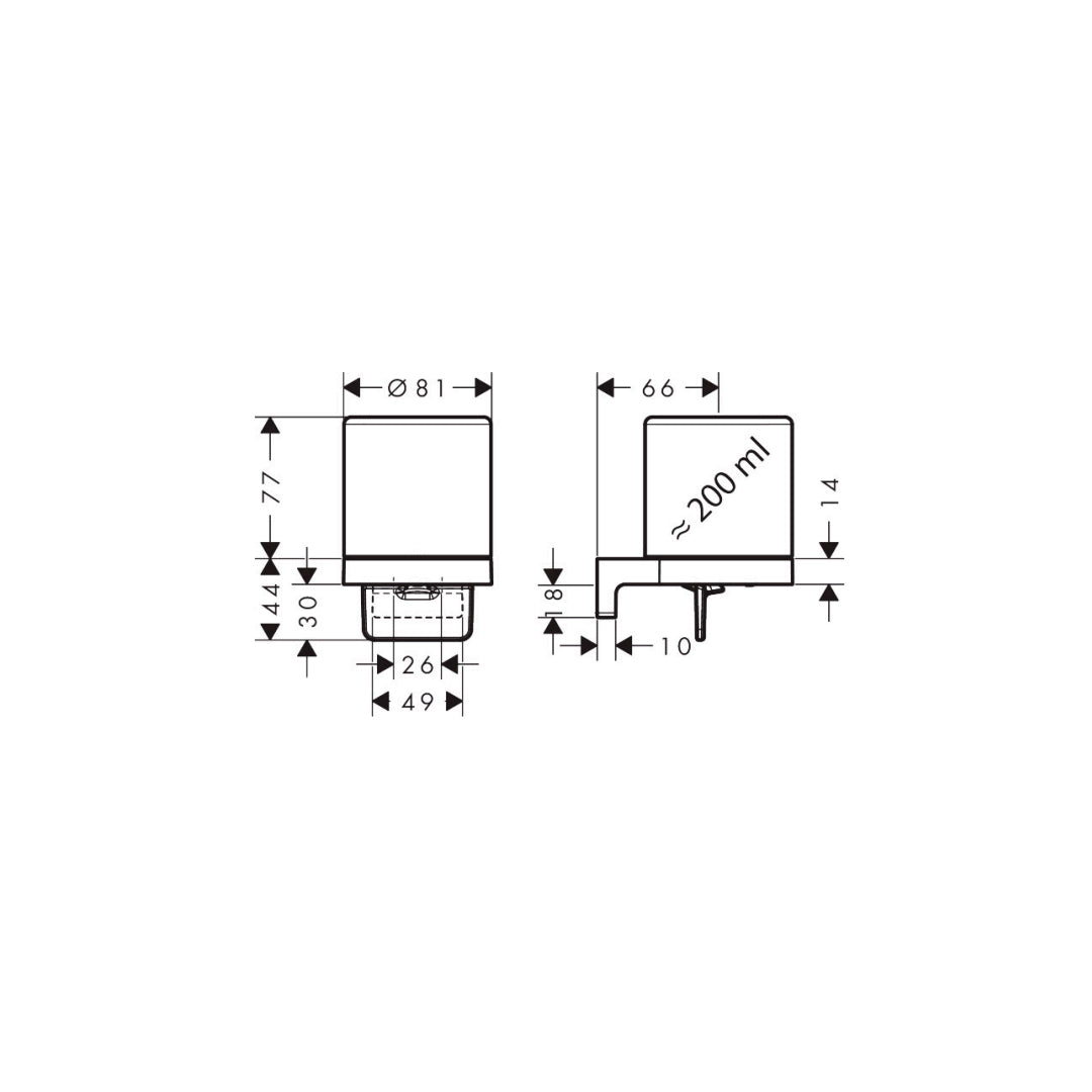 Dimensions diagram of the Hansgrohe AddStoris S Liquid Soap Dispenser in Chrome. Supplied by Deluxe Bathrooms.
