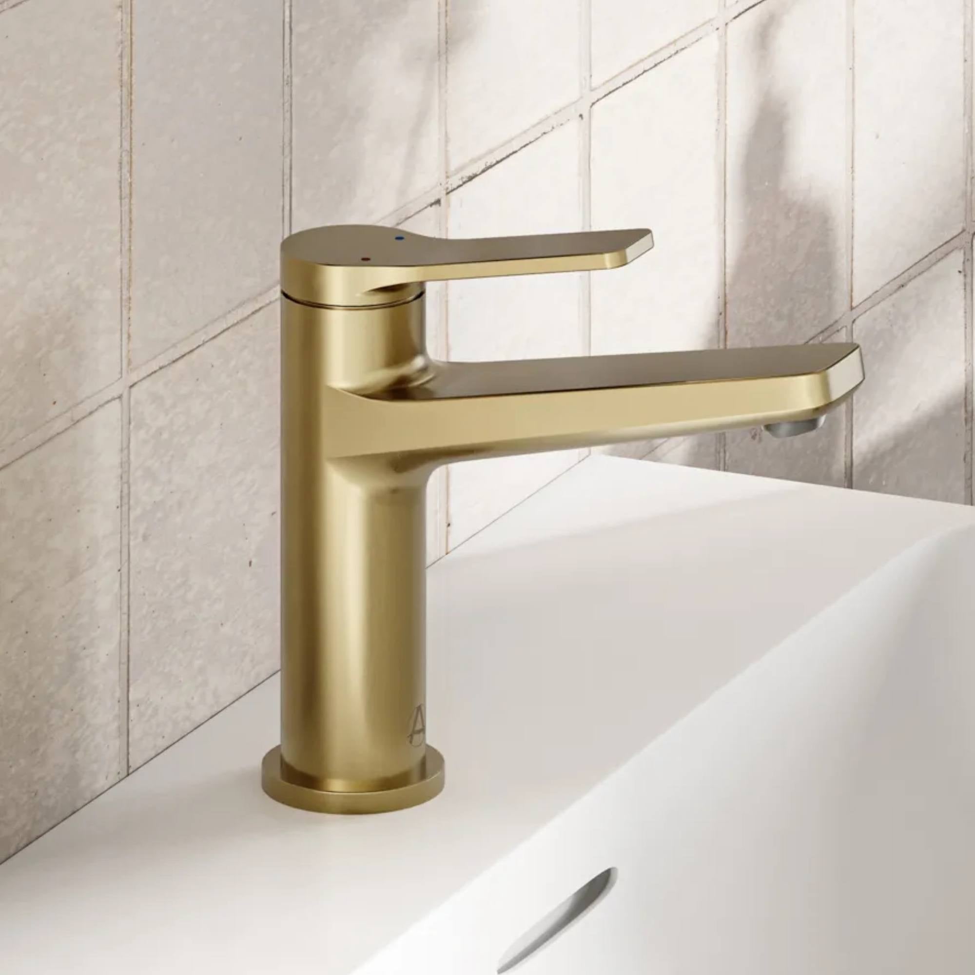 Agora Basin Mixer Tap with Click-Clack Waste in brushed brass - Deluxe bathrooms Ireland