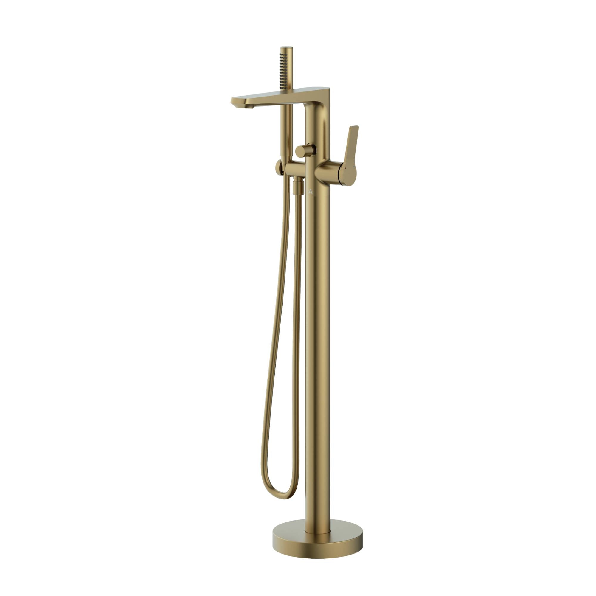 Agora Floorstanding Bath Shower Mixer With Handset Brushed Brass at Deluxe Bathrooms Ireland