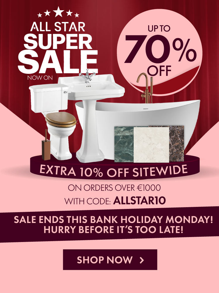 Promotional sale banner for All Star Super Sale featuring bathroom fixtures, including a white pedestal sink, toilet, freestanding bathtub, and marble tile samples, with text offering up to 70% off and extra 10% off sitewide.