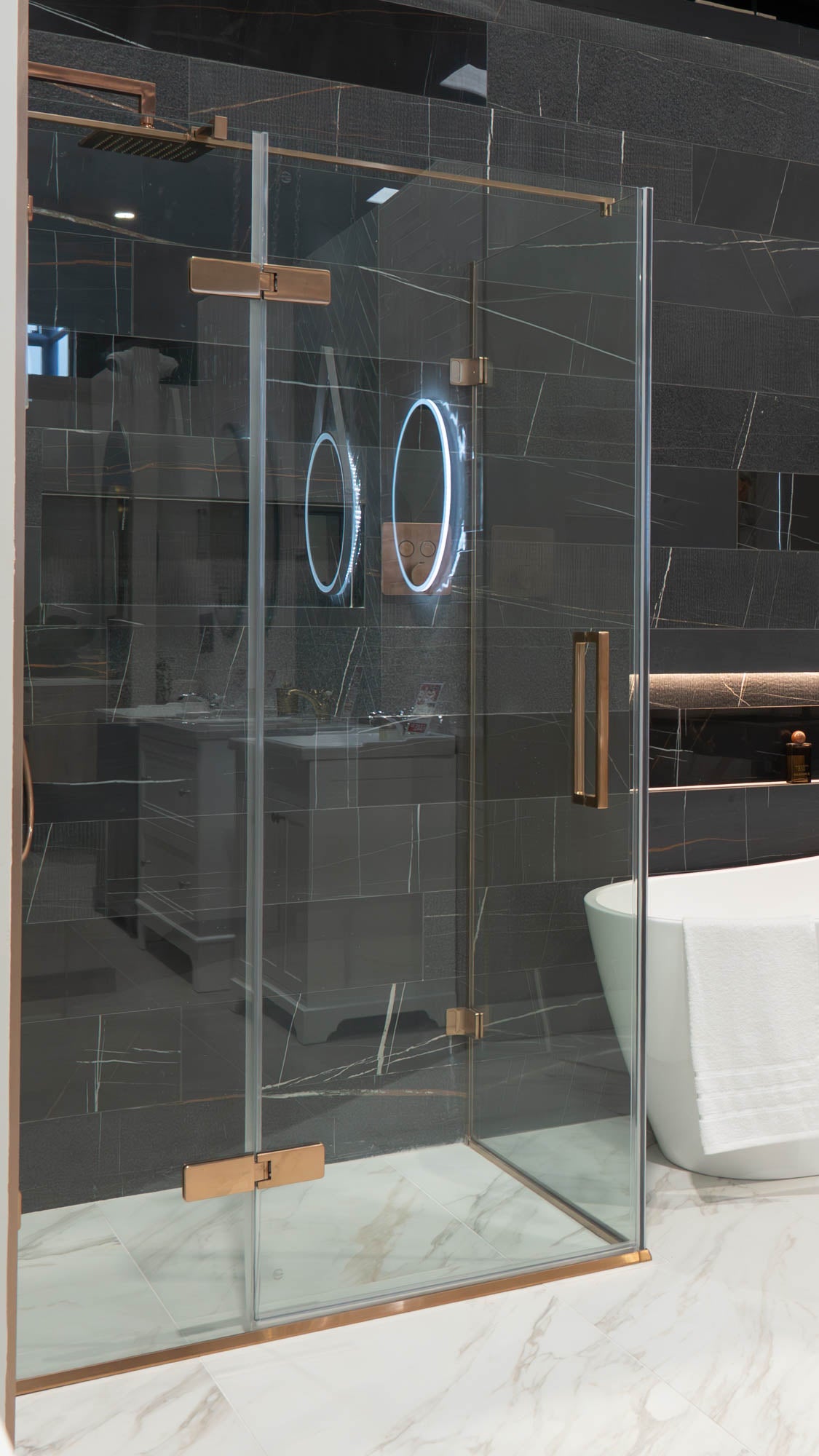 Aureo Ten Hinge And Inline Shower Door With Side Panel - Brushed Bronze