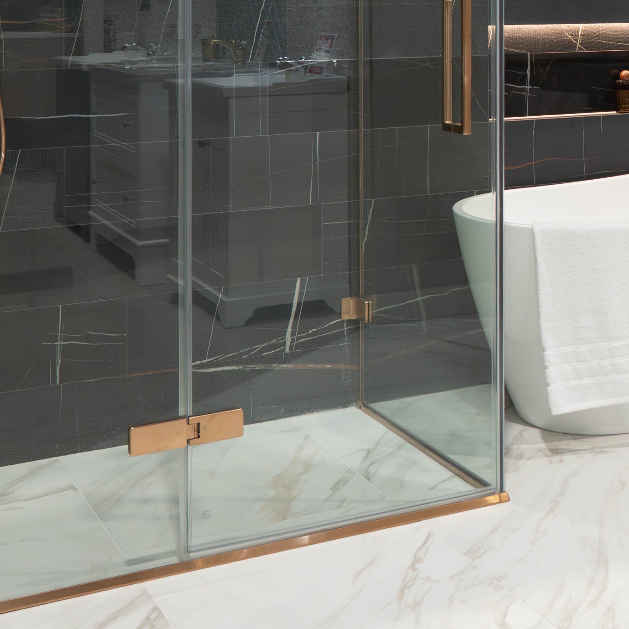 Aureo Ten Hinge And Inline Shower Door With Side Panel - Brushed Bronze